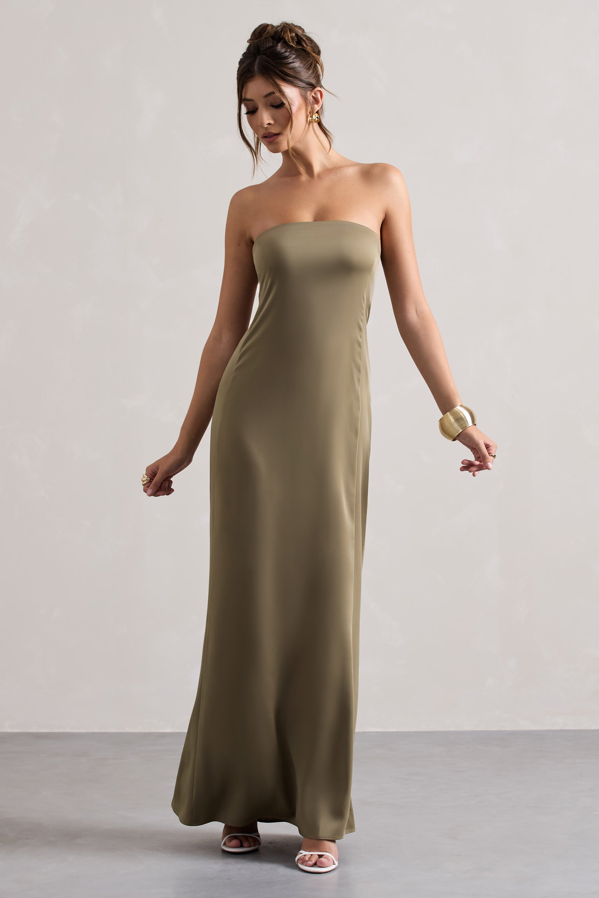 Azra | Zeytin Saten Bandeau Maxi Elbise