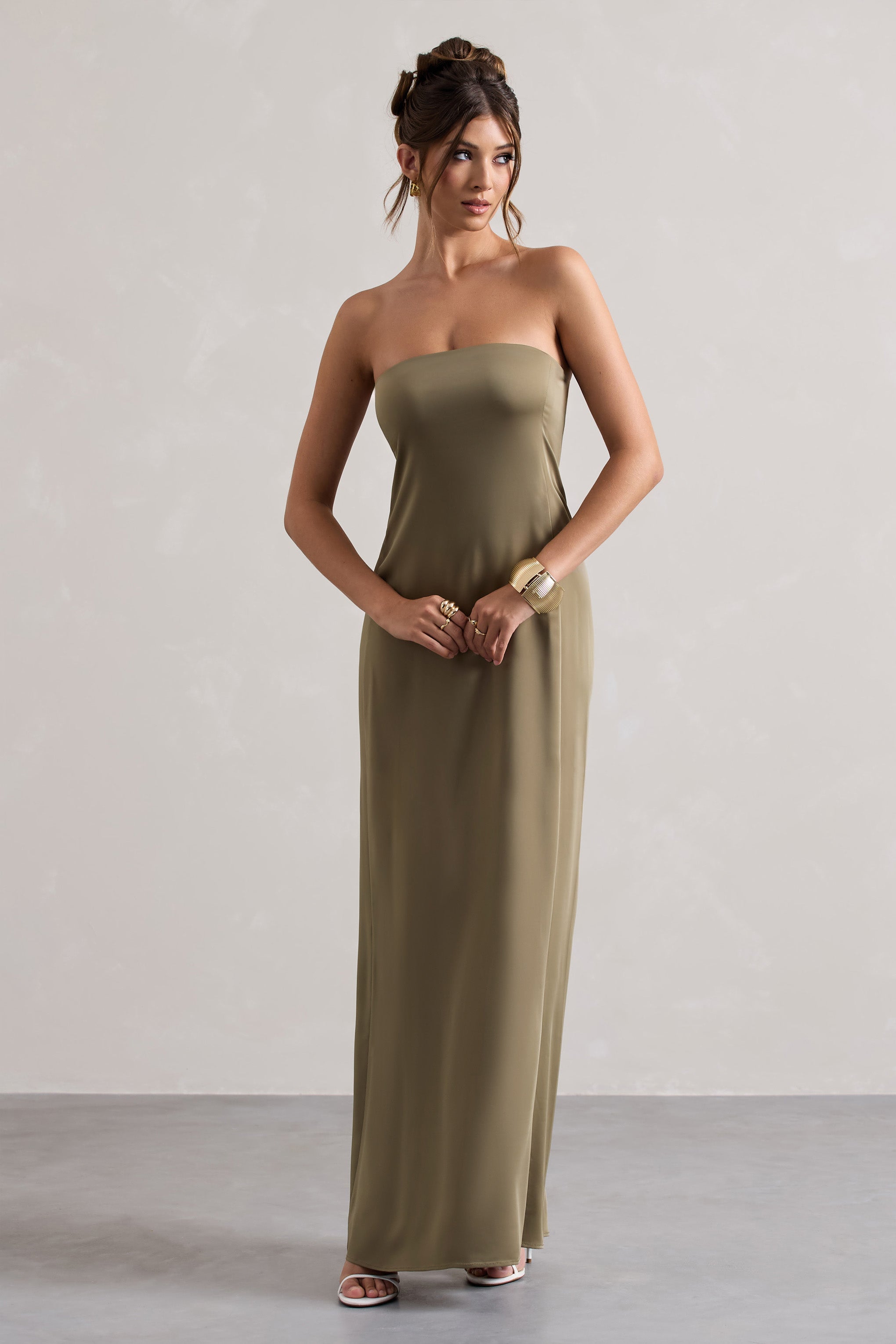 Azra | Zeytin Saten Bandeau Maxi Elbise