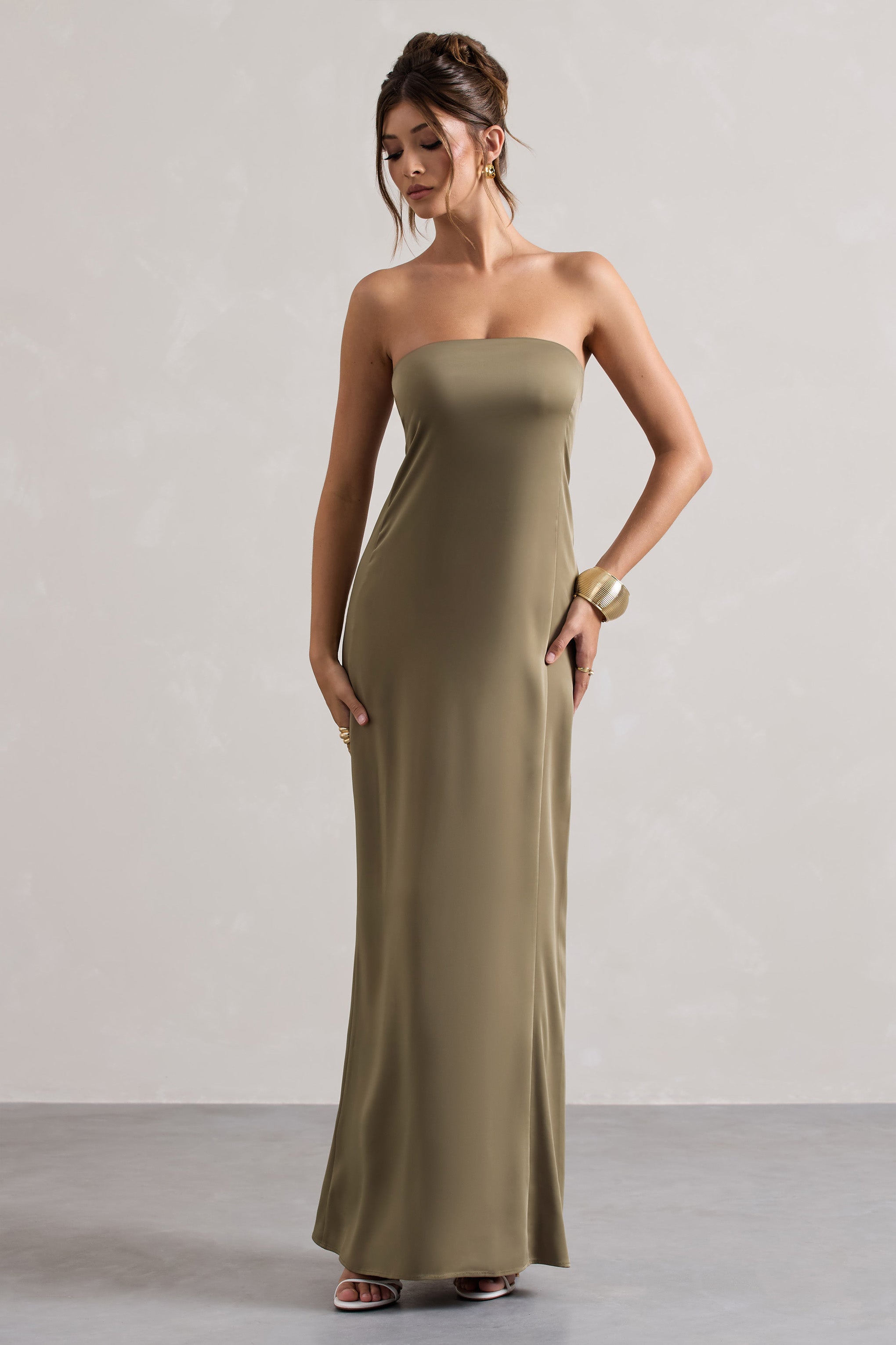 Azra | Zeytin Saten Bandeau Maxi Elbise