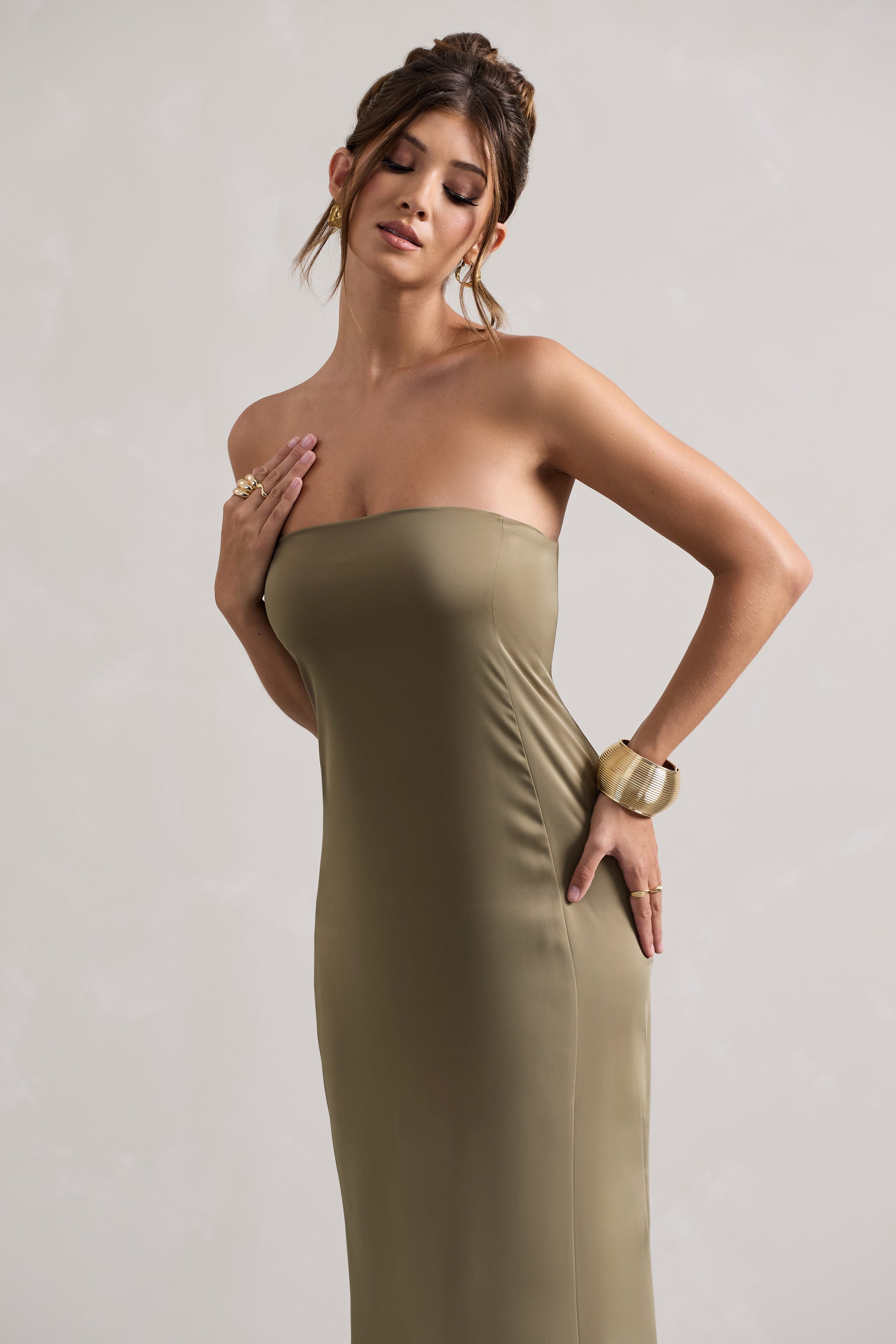 Azra | Zeytin Saten Bandeau Maxi Elbise