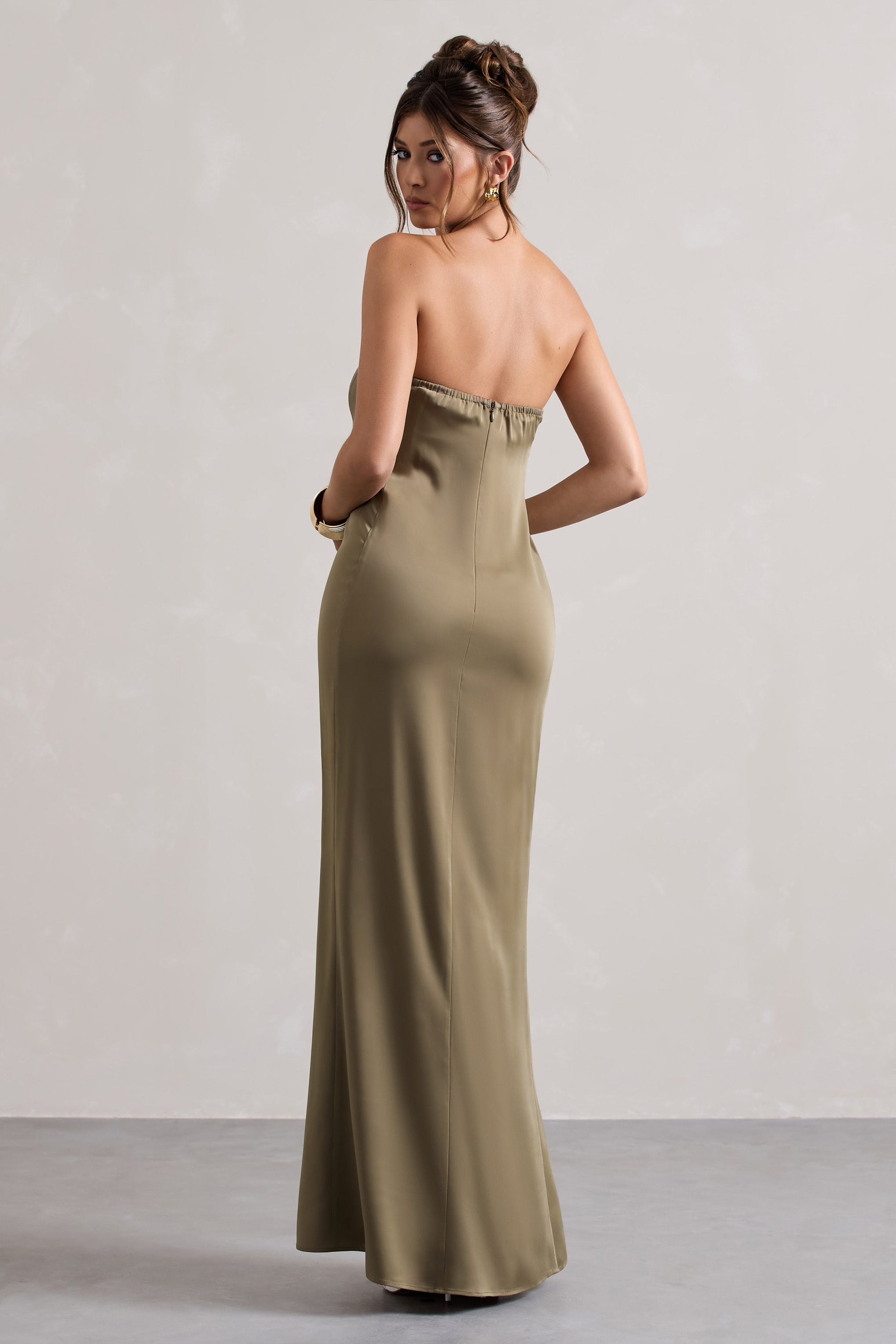 Azra | Zeytin Saten Bandeau Maxi Elbise