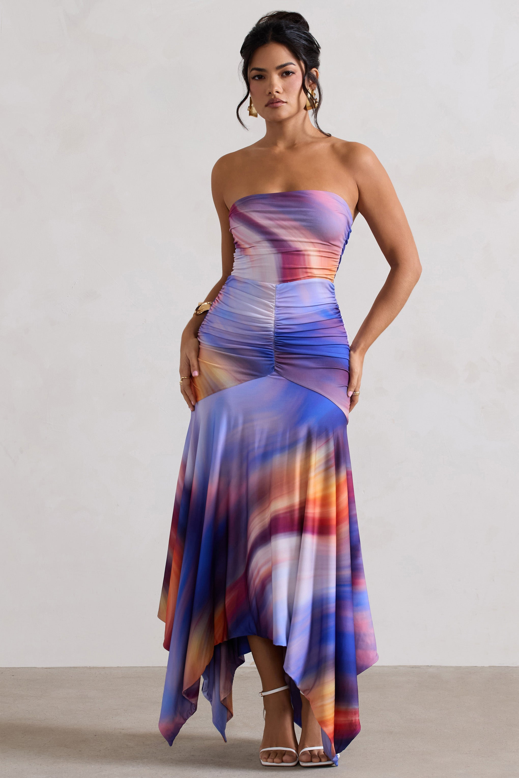 Florianne | Ombre Baskı Volanlı Bandeau Midi Elbise