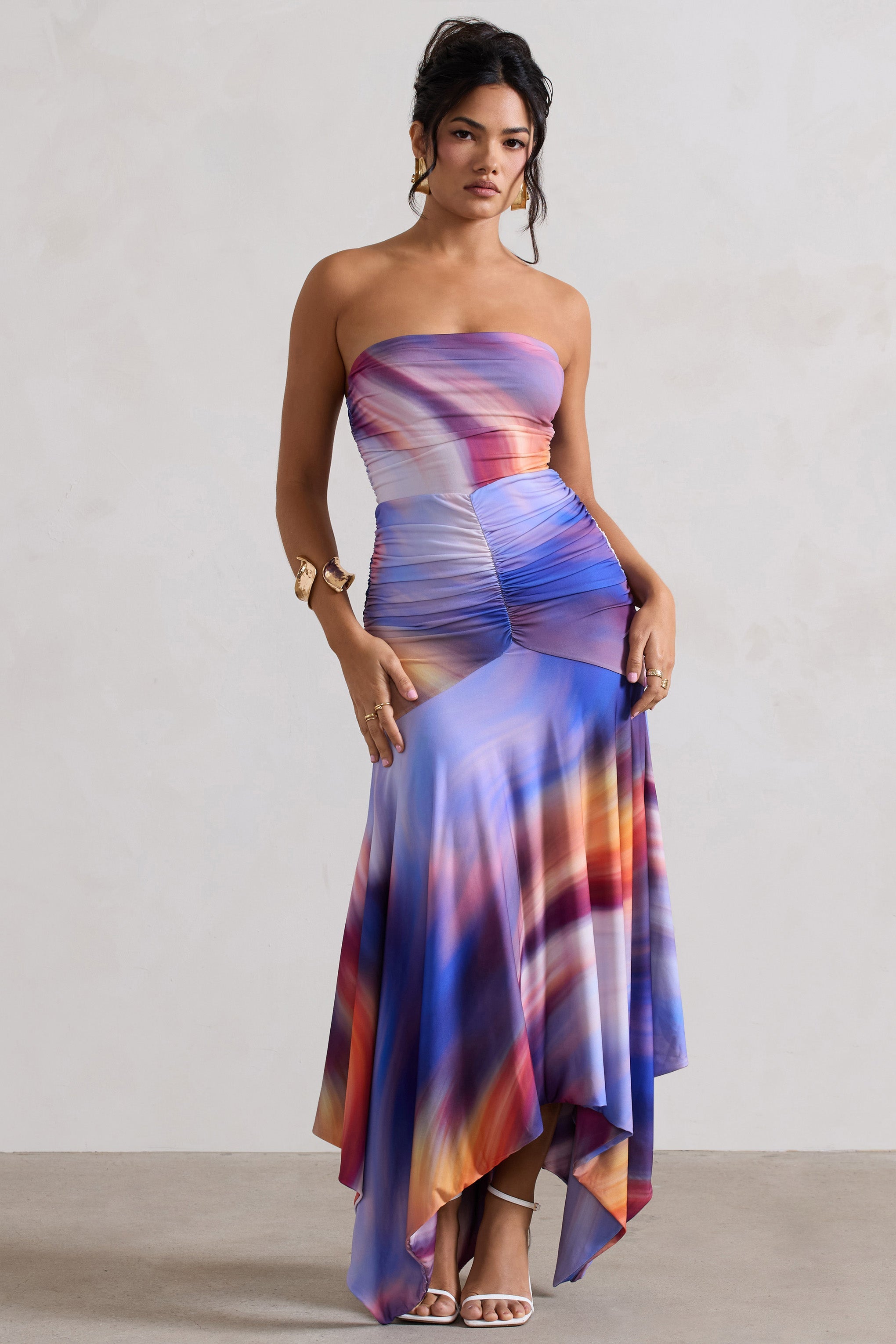 Florianne | Ombre Baskı Volanlı Bandeau Midi Elbise