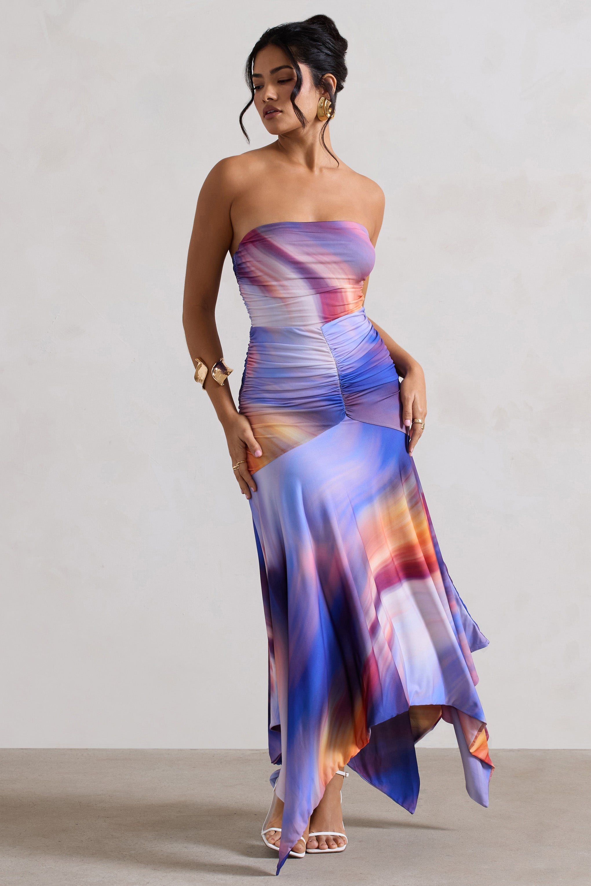 Florianne | Ombre Baskı Volanlı Bandeau Midi Elbise