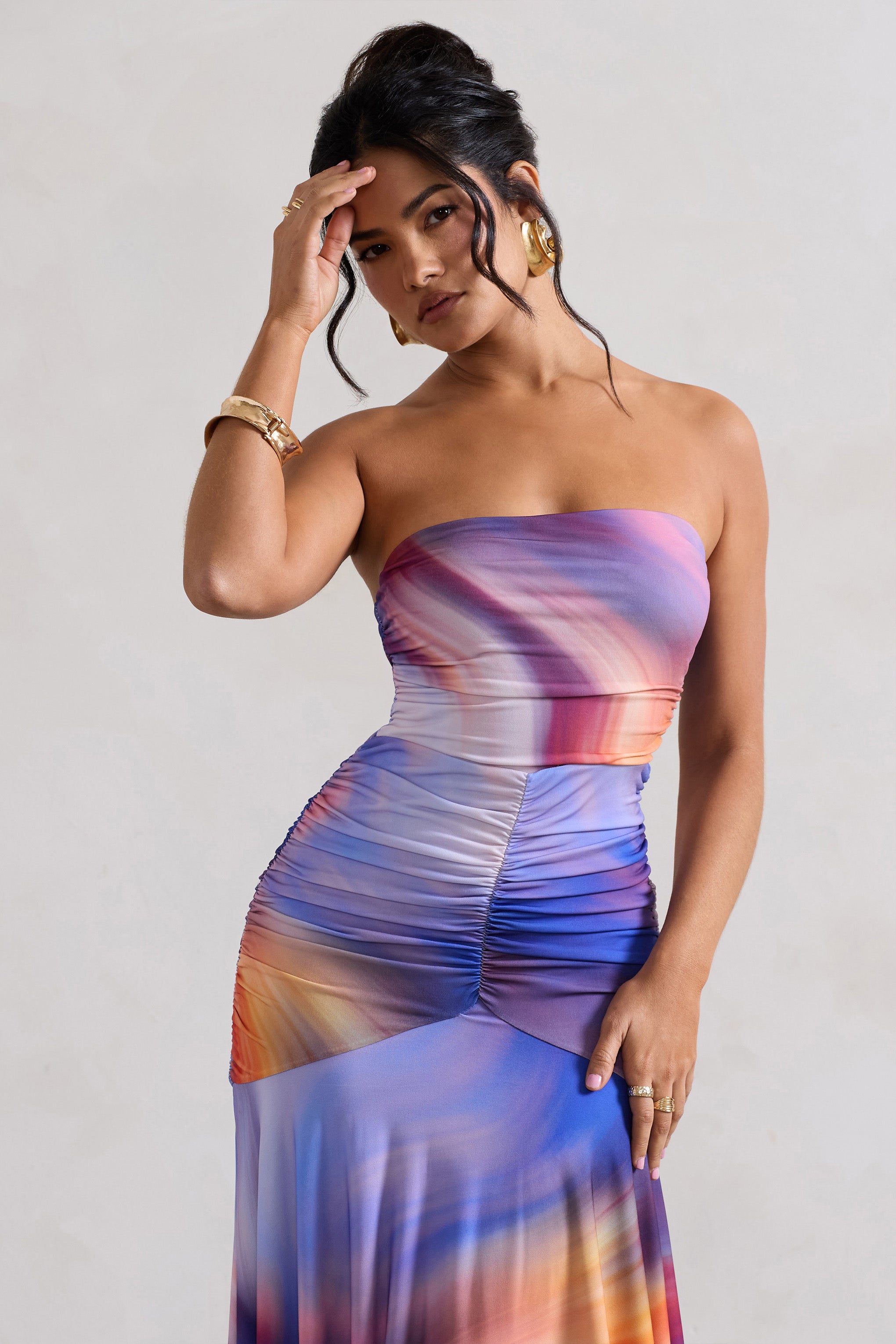 Florianne | Ombre Baskı Volanlı Bandeau Midi Elbise