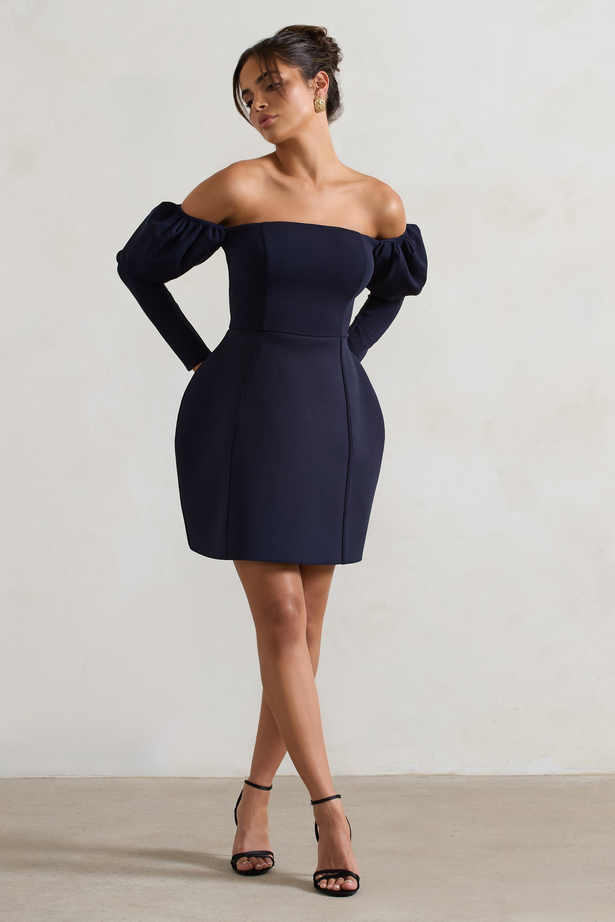 Evangeline | Lacivert Yapılandırılmış Bardot Puff-Sleeve Mini Elbise