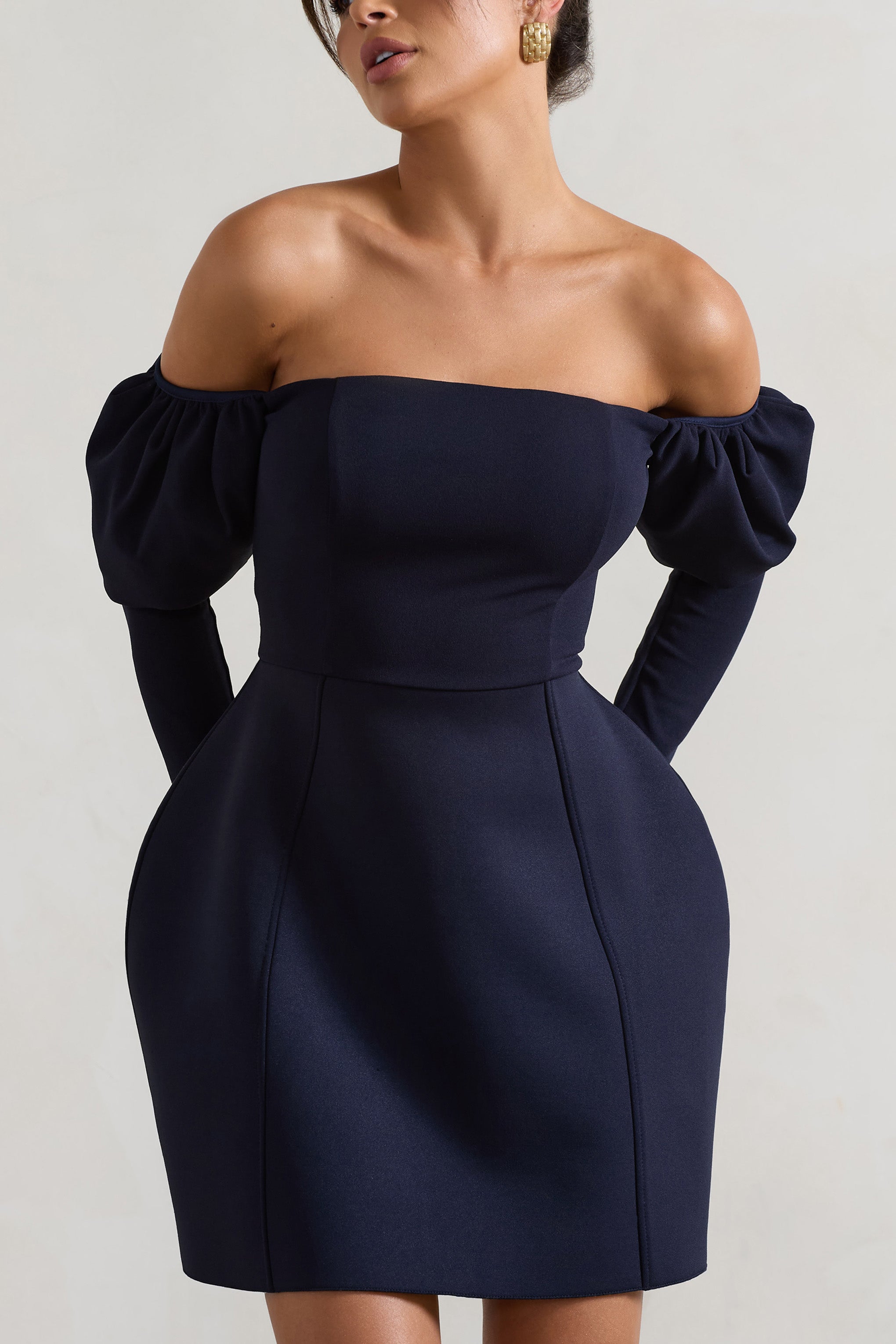 Evangeline | Lacivert Yapılandırılmış Bardot Puff-Sleeve Mini Elbise