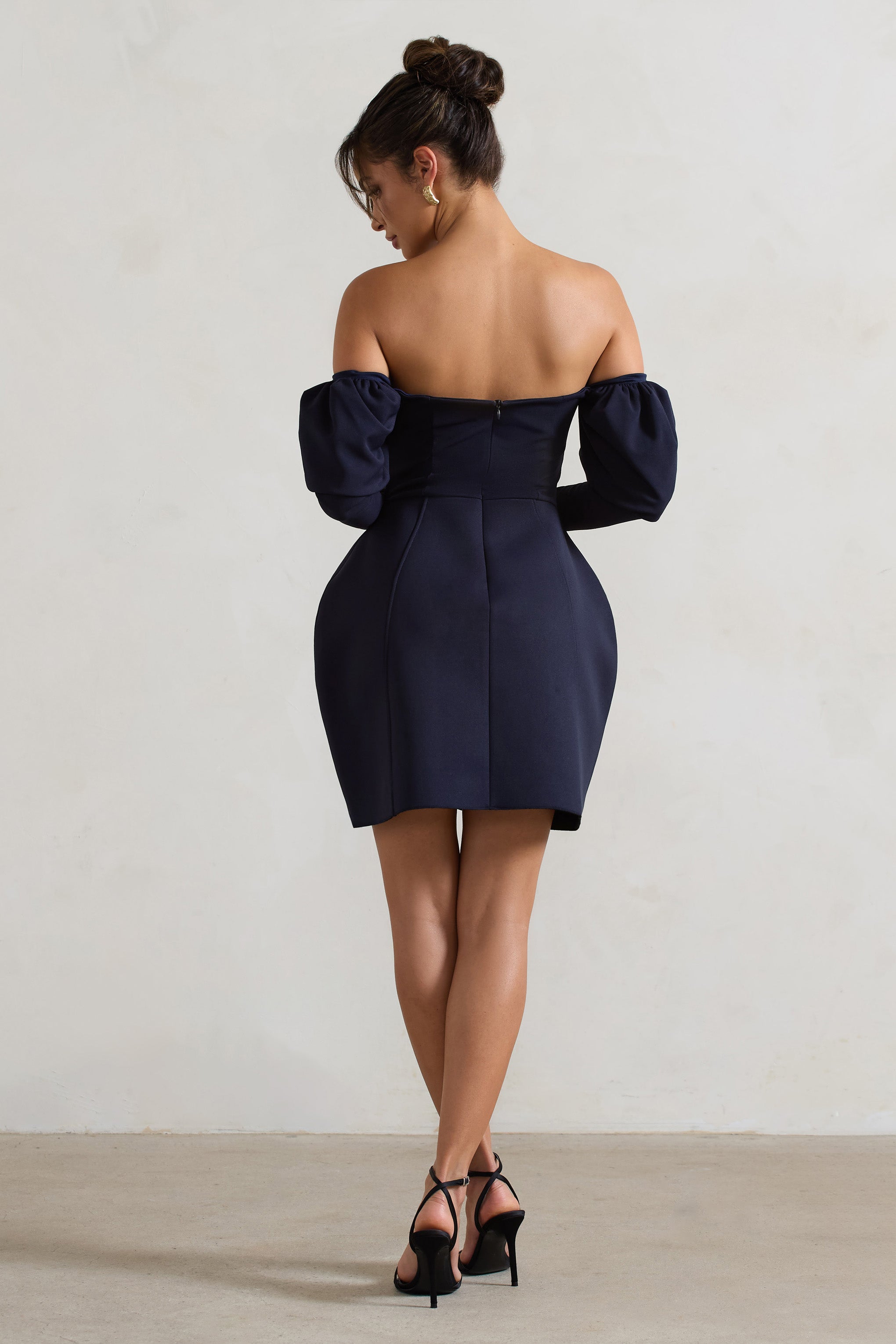 Evangeline | Lacivert Yapılandırılmış Bardot Puff-Sleeve Mini Elbise
