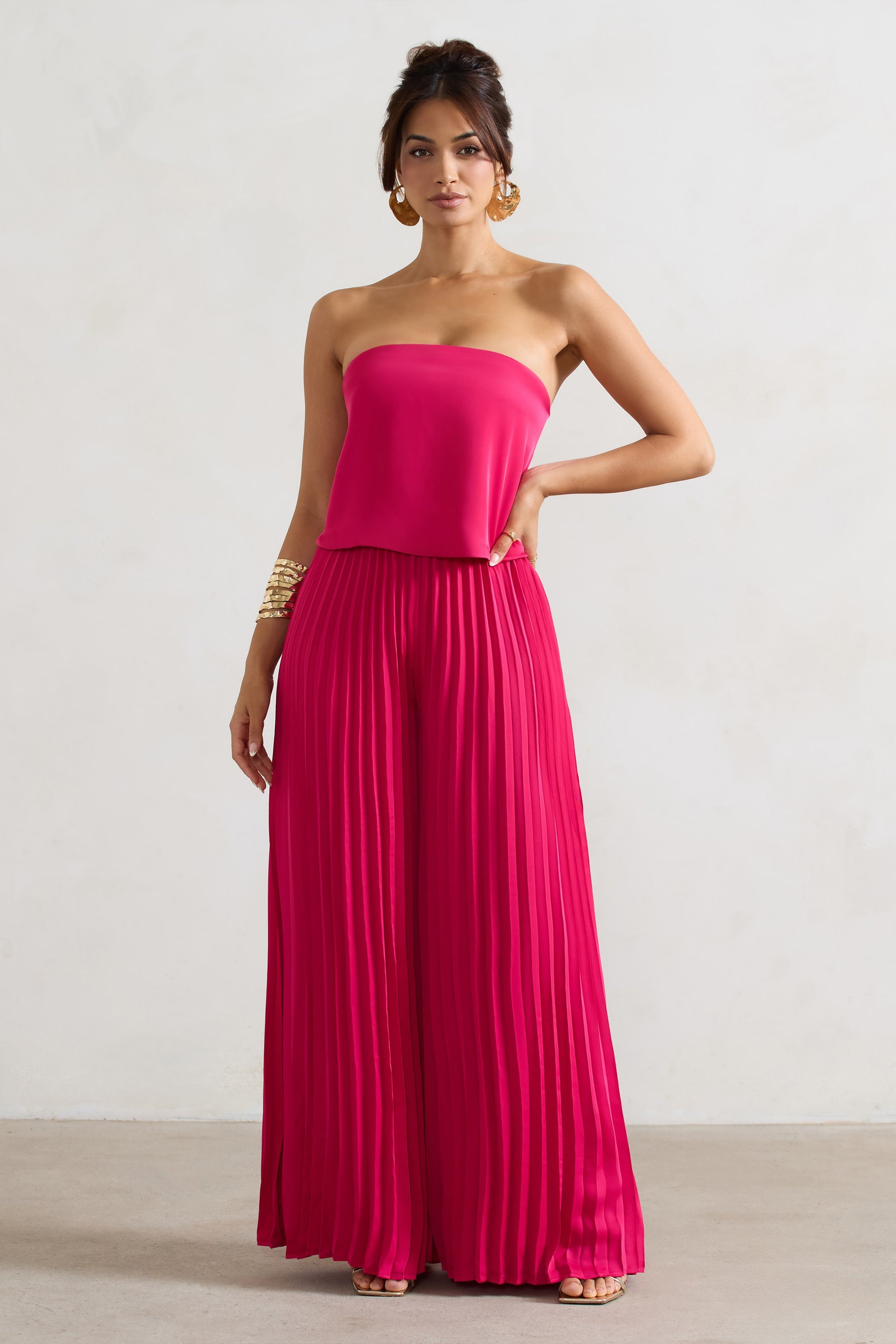 Tammi | Koyu Pembe Saten Askısız Plise Geniş Paça Tulum