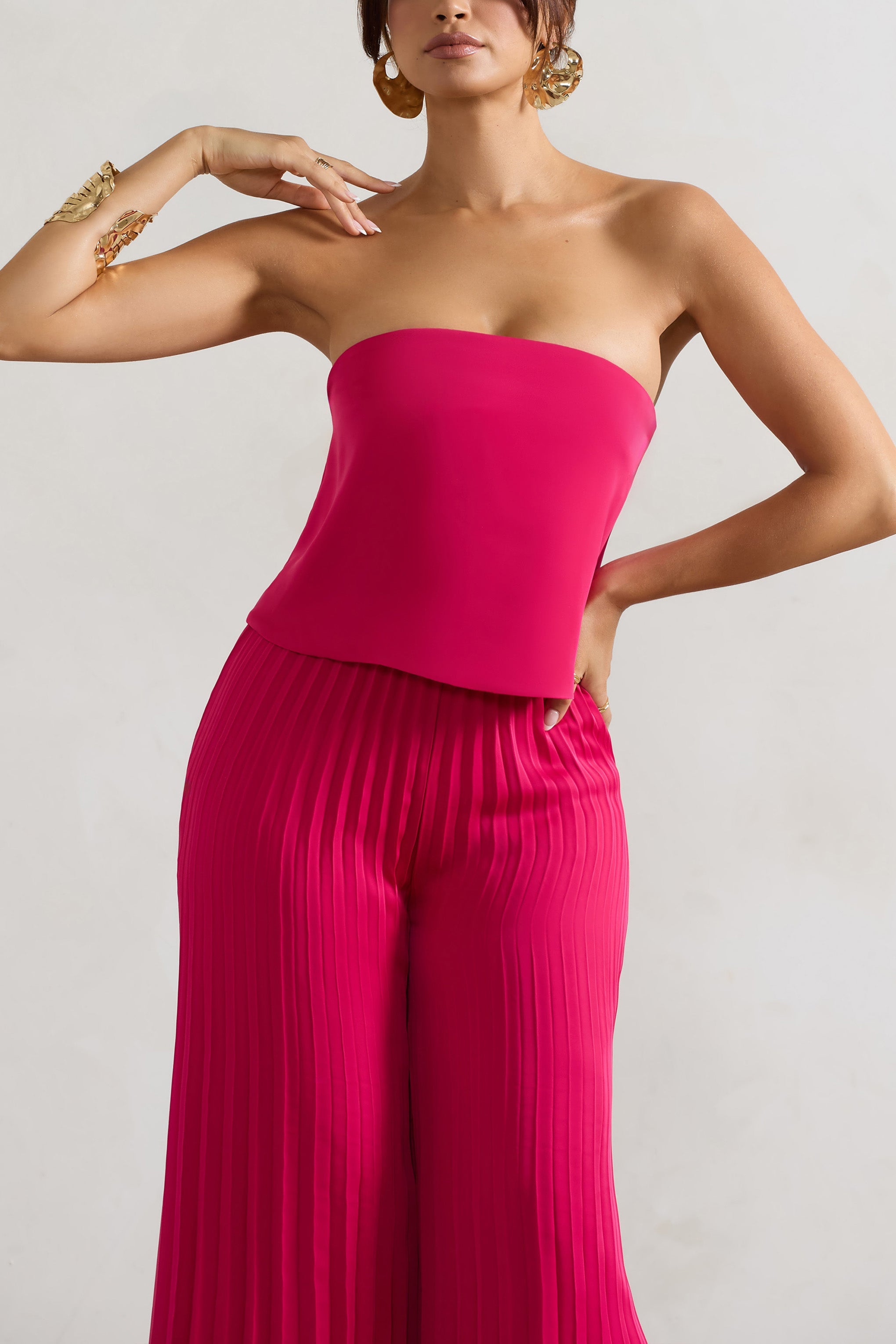 Tammi | Koyu Pembe Saten Askısız Plise Geniş Paça Tulum