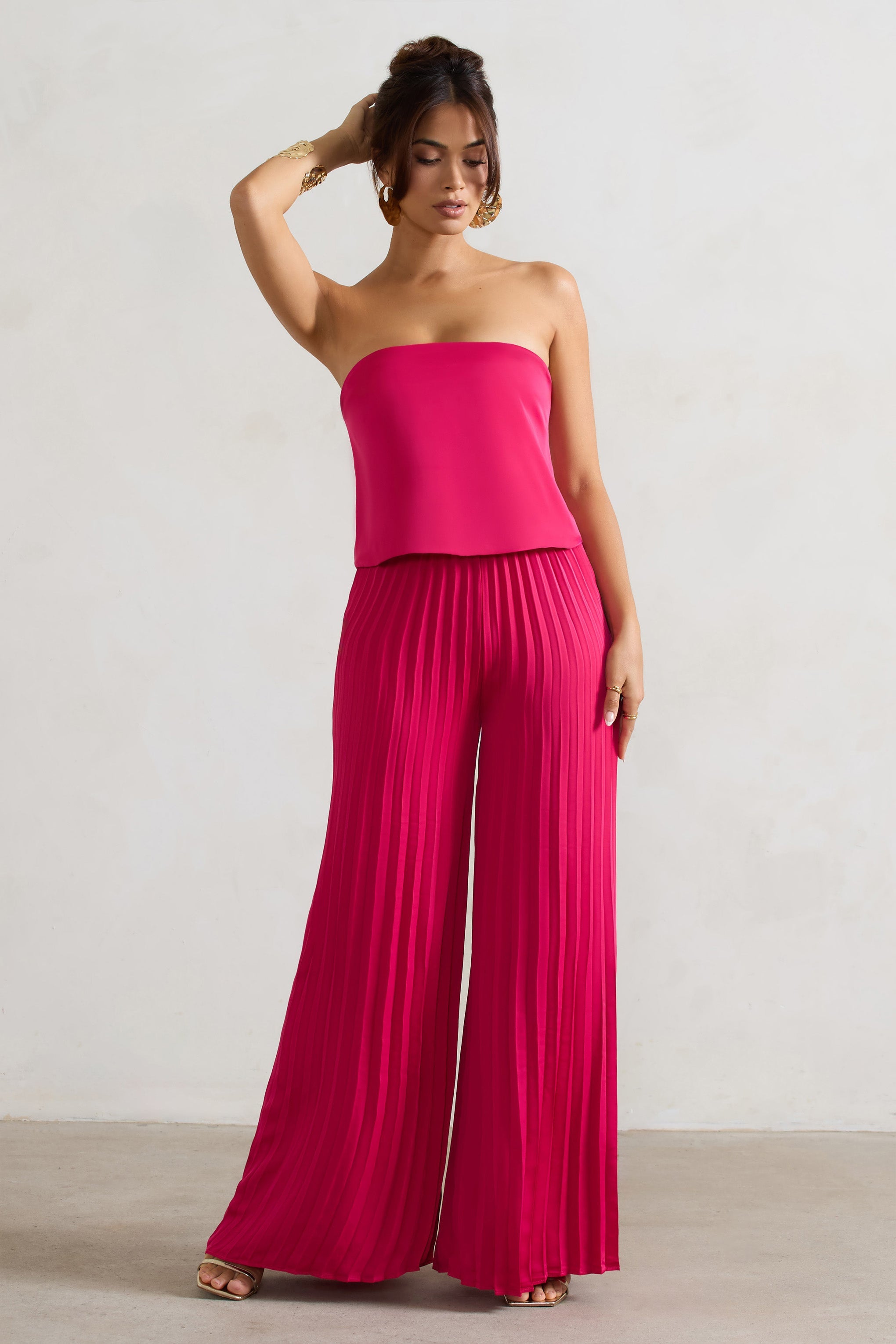 Tammi | Koyu Pembe Saten Askısız Plise Geniş Paça Tulum
