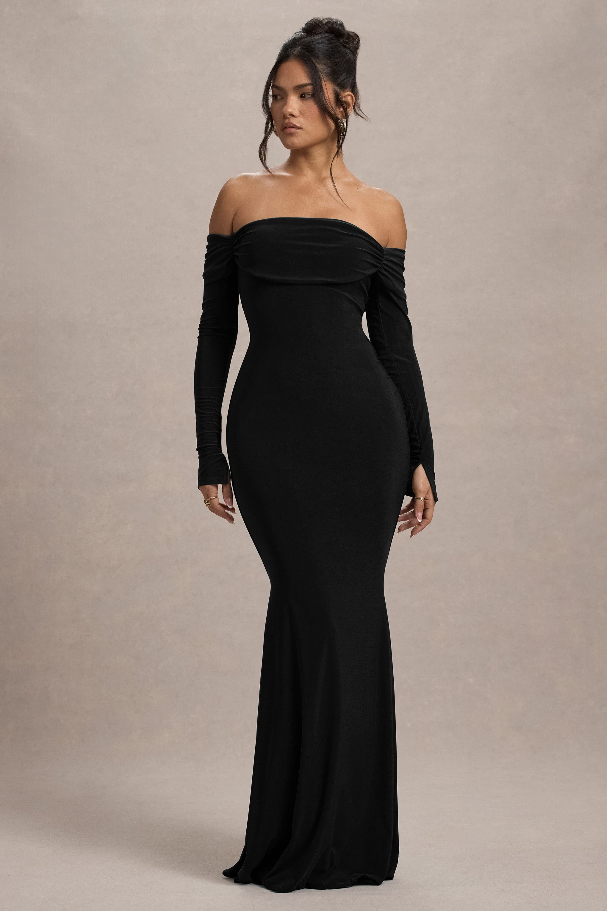 Amaia | Siyah Bardot Uzun Kollu Maxi Elbise