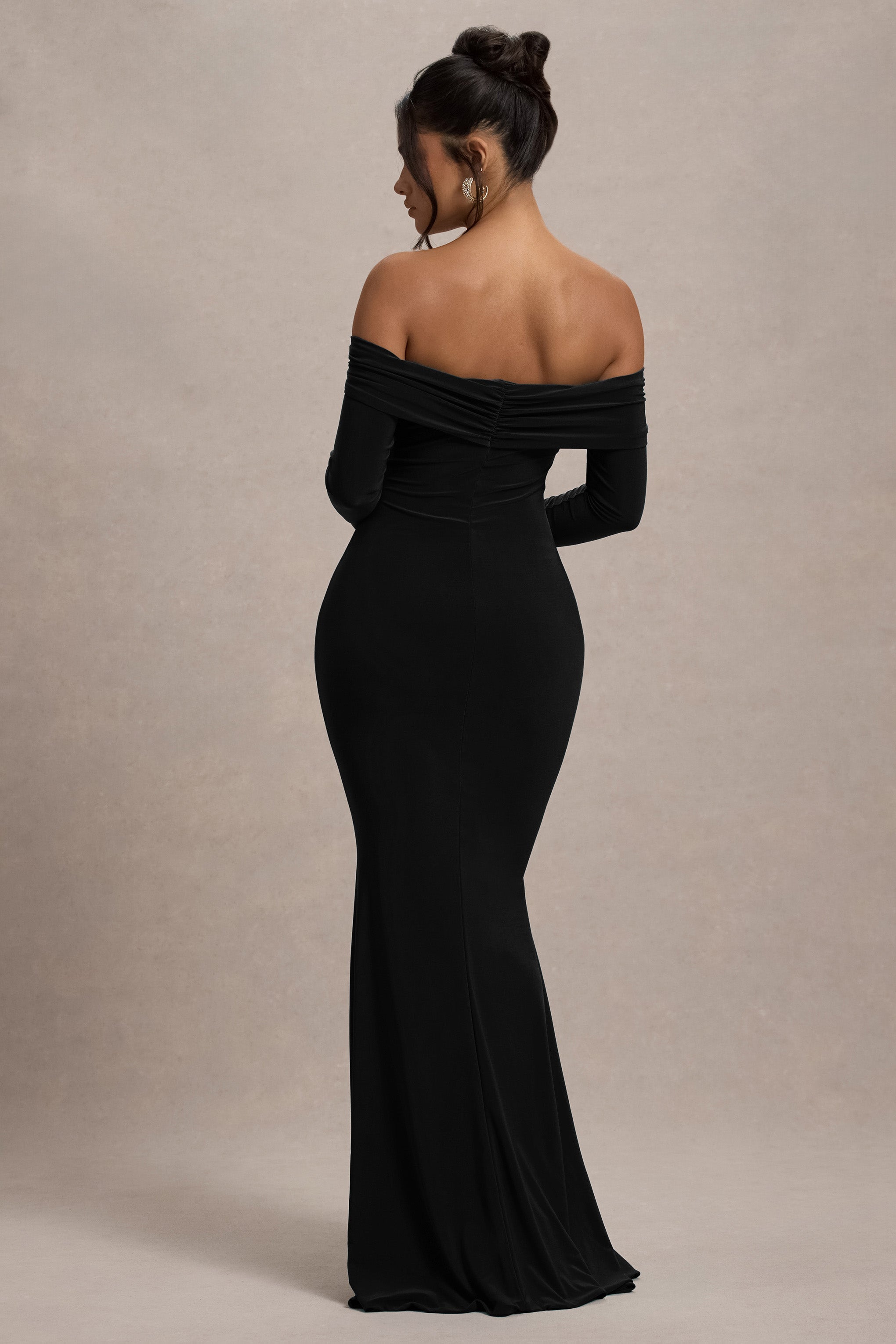 Amaia | Siyah Bardot Uzun Kollu Maxi Elbise