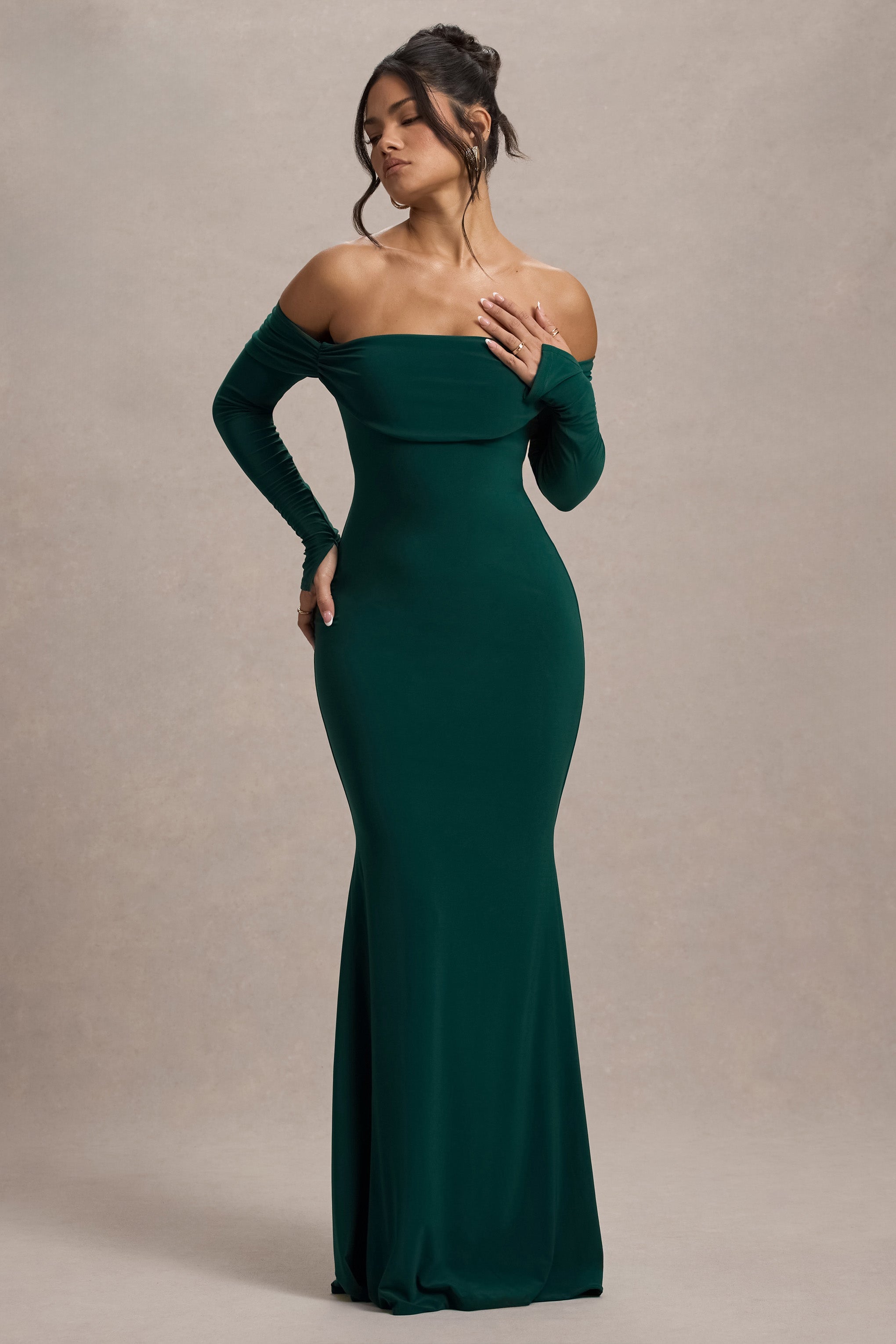 Amaia | Şişe Yeşili Bardot Uzun Kol Maxi Elbise