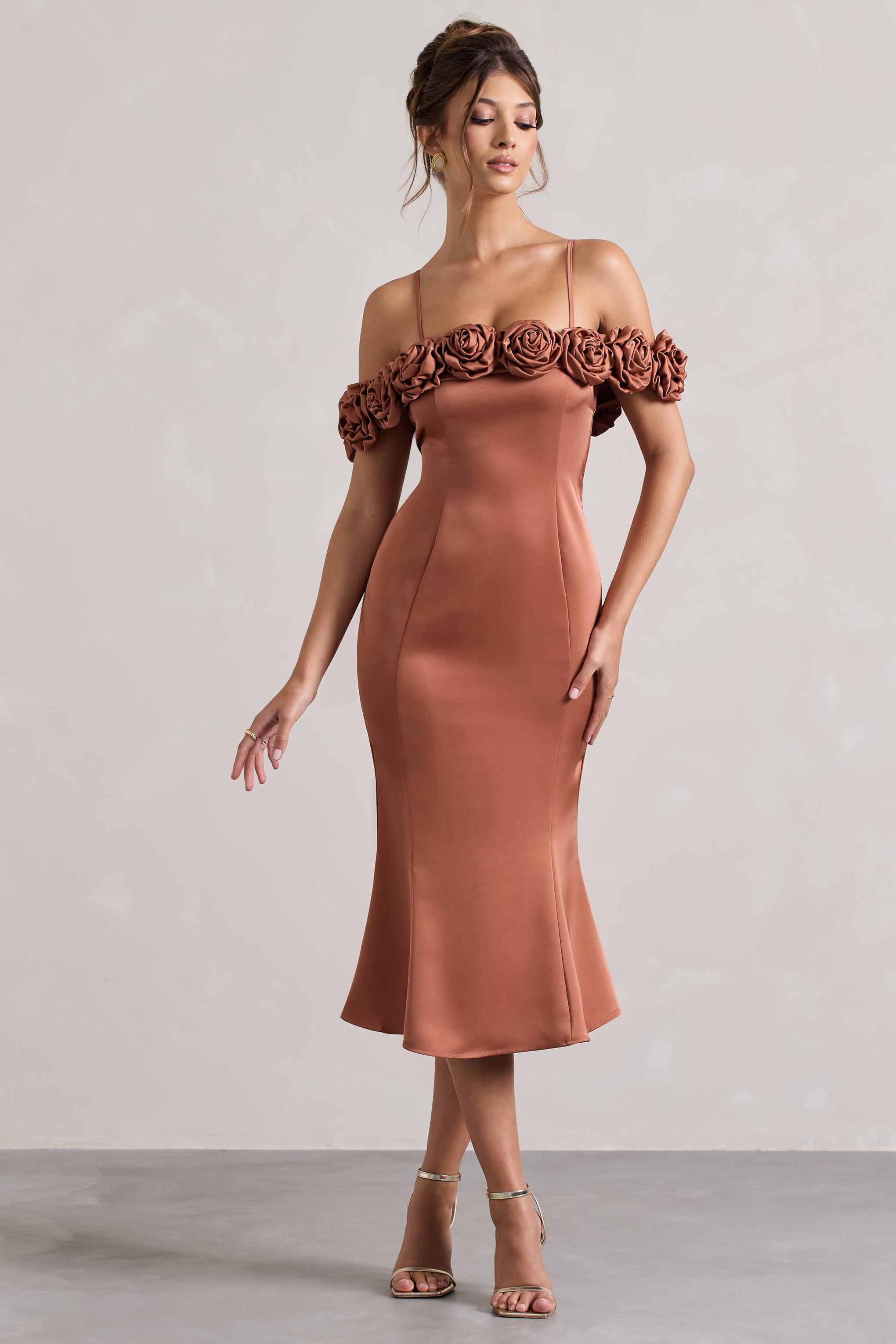 Petunya | Kızıl Saten Çiçekli Bardot Midi Elbise