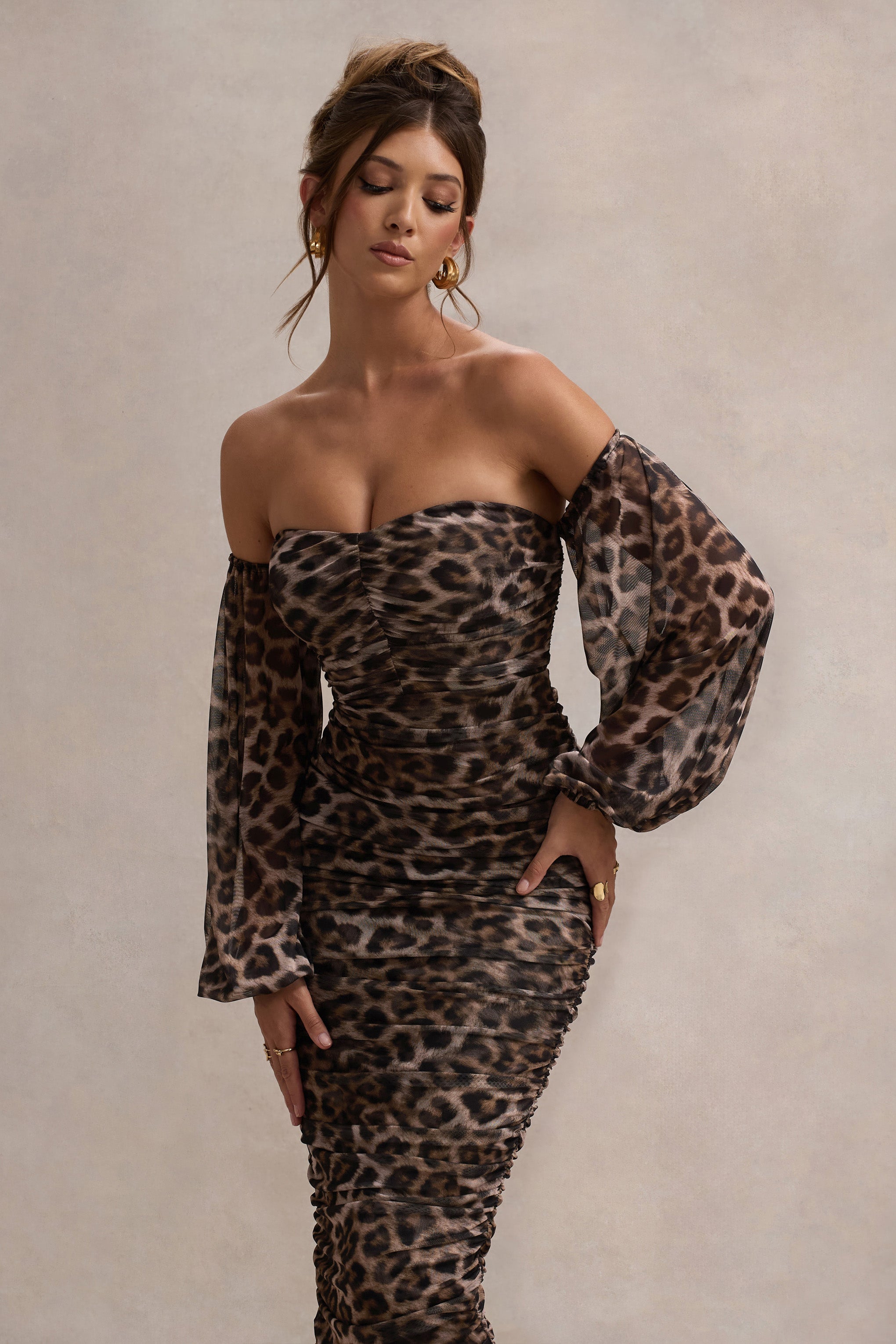 Rica | Leopar Desenli Bardot Puff-Sleeve Midi Elbise