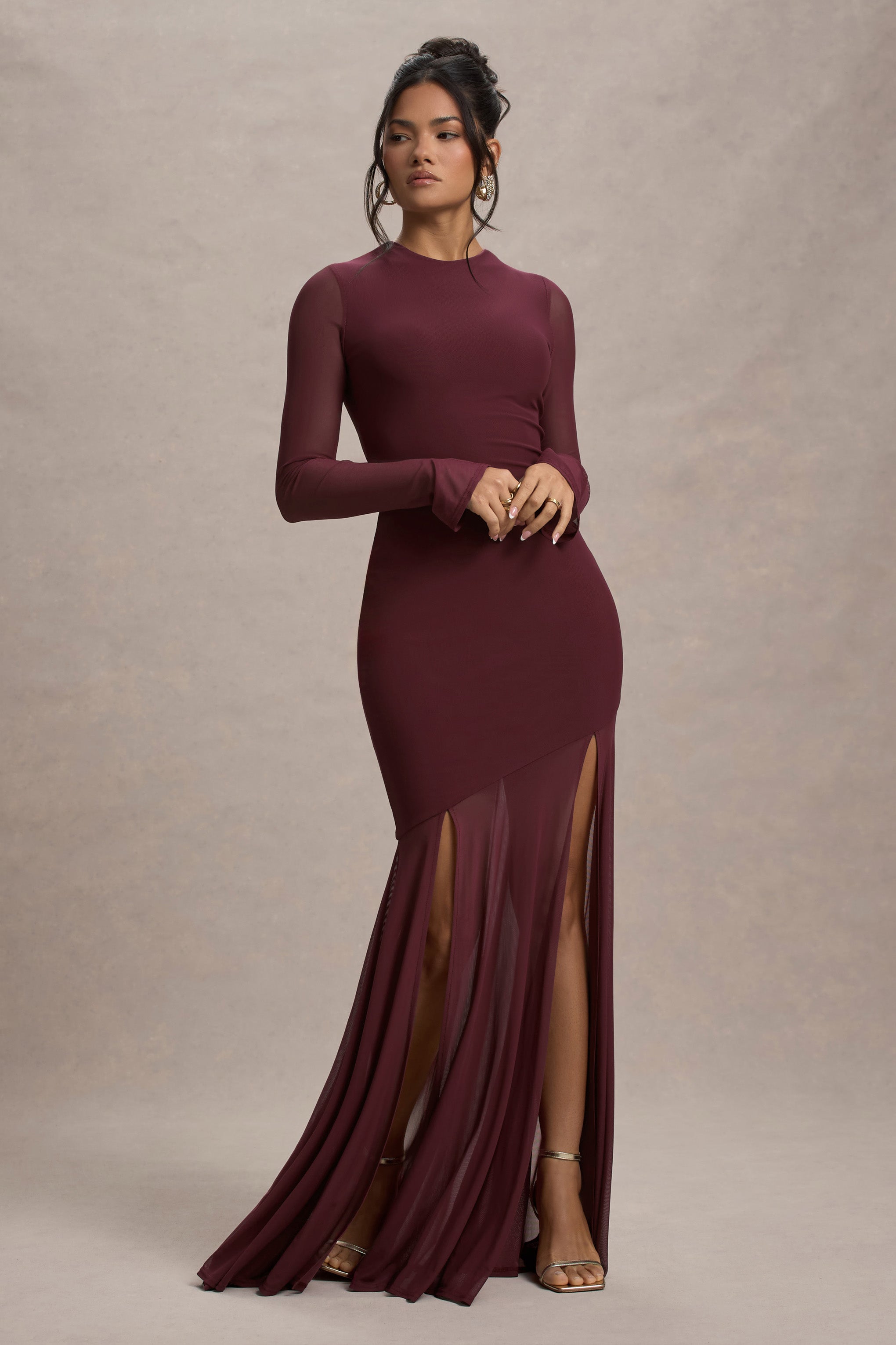Tigerlily | Açık Sırt Maxi Elbise, Port Renkli, Uzun Kollu