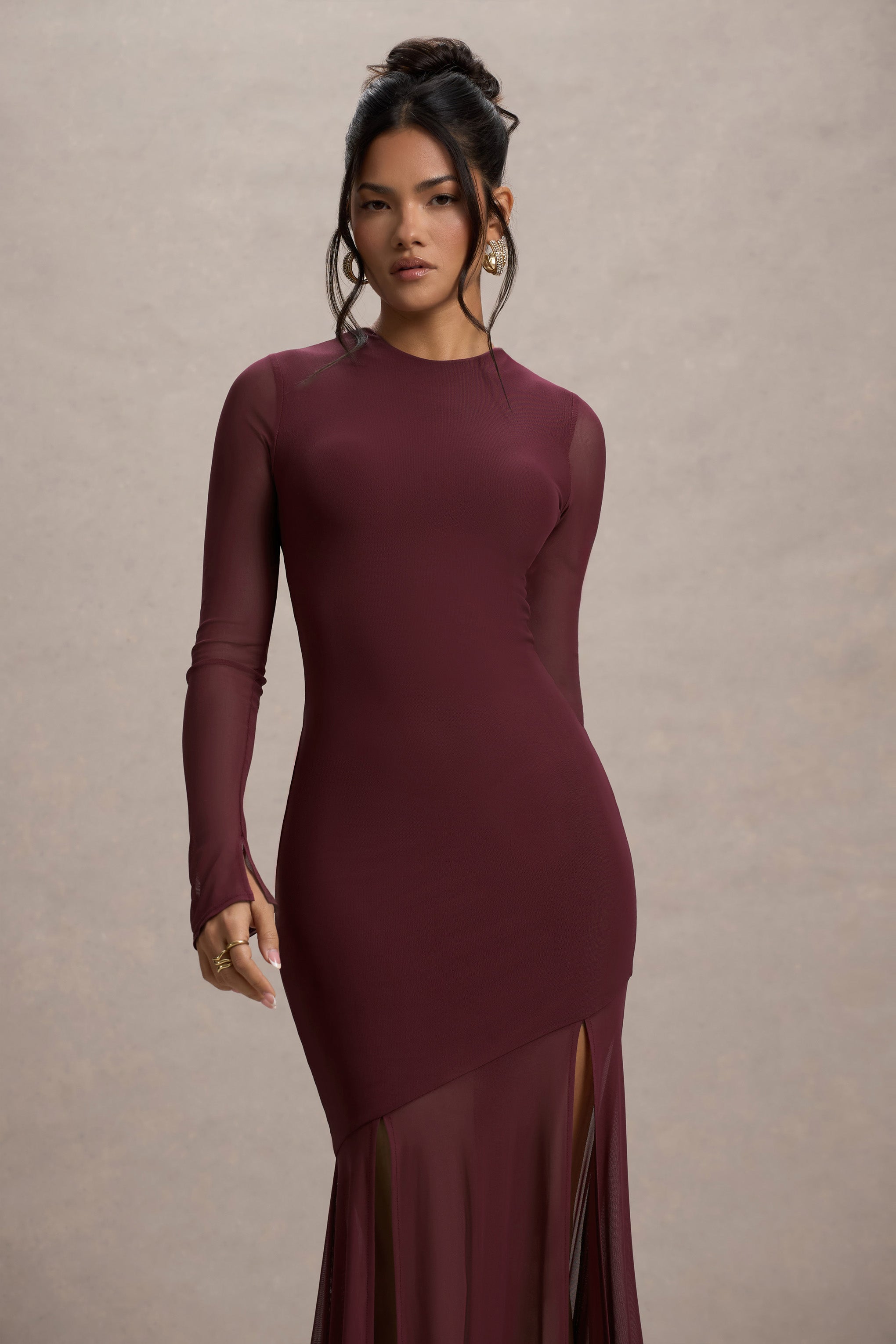 Tigerlily | Açık Sırt Maxi Elbise, Port Renkli, Uzun Kollu