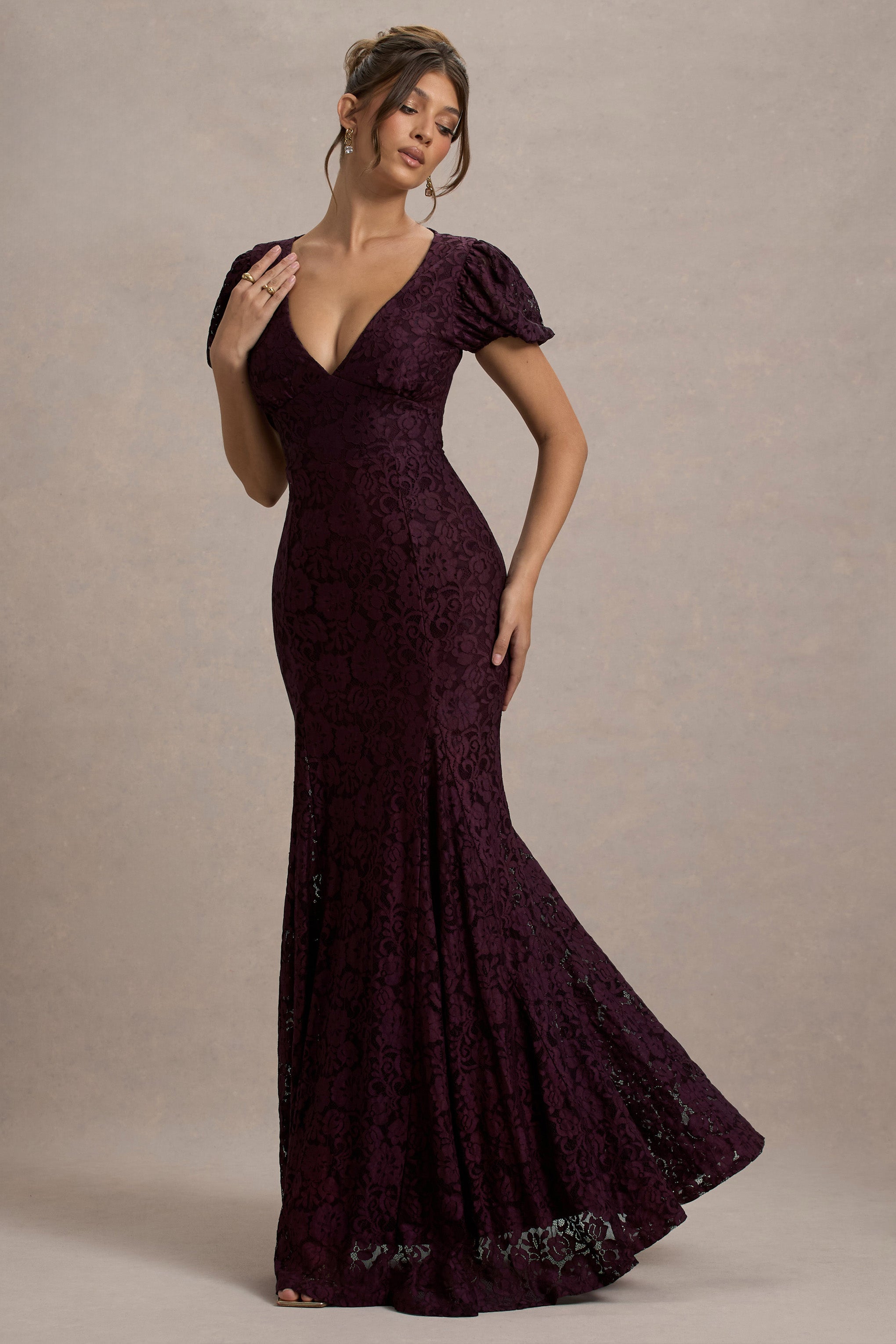 Elestria | Dantel Yaka V-Neck Puff-Sleeve Maxi Elbise
