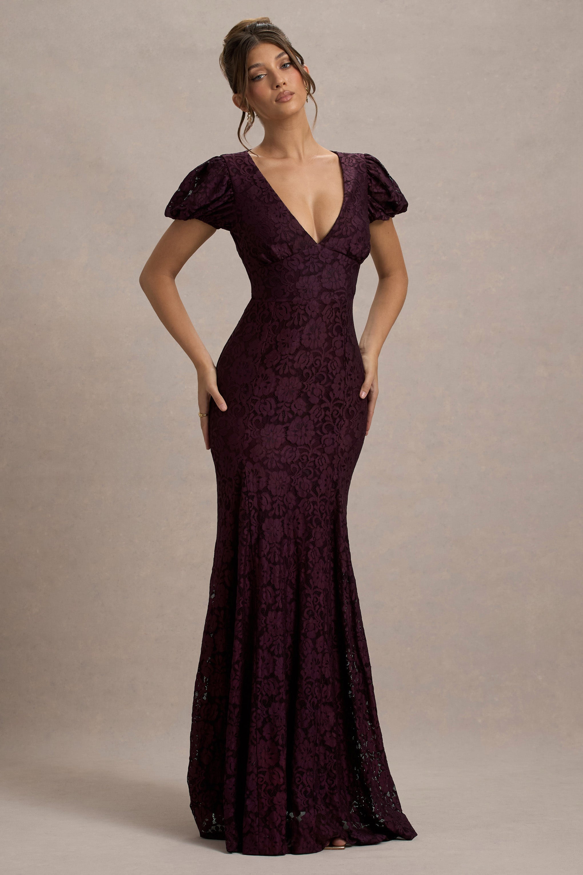 Elestria | Dantel Yaka V-Neck Puff-Sleeve Maxi Elbise