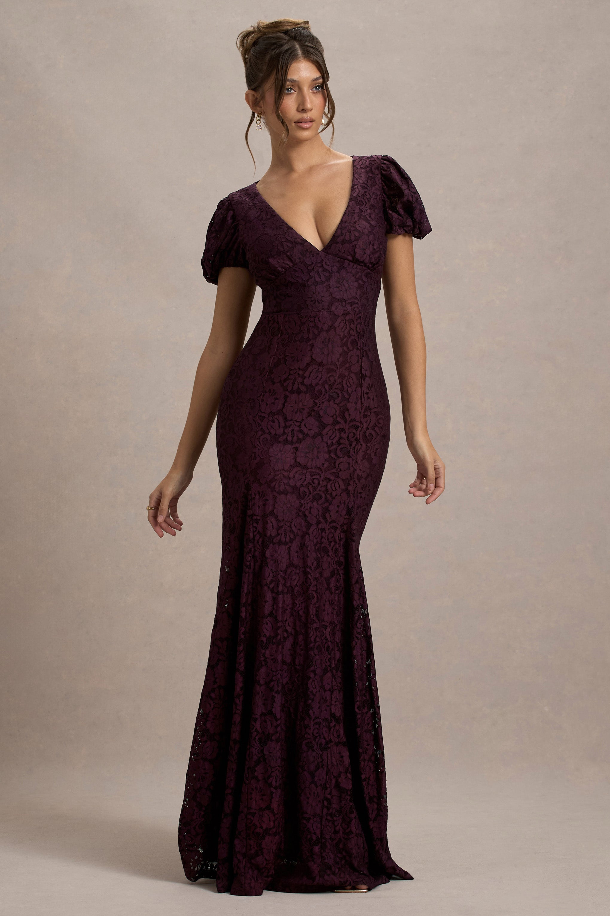 Elestria | Dantel Yaka V-Neck Puff-Sleeve Maxi Elbise