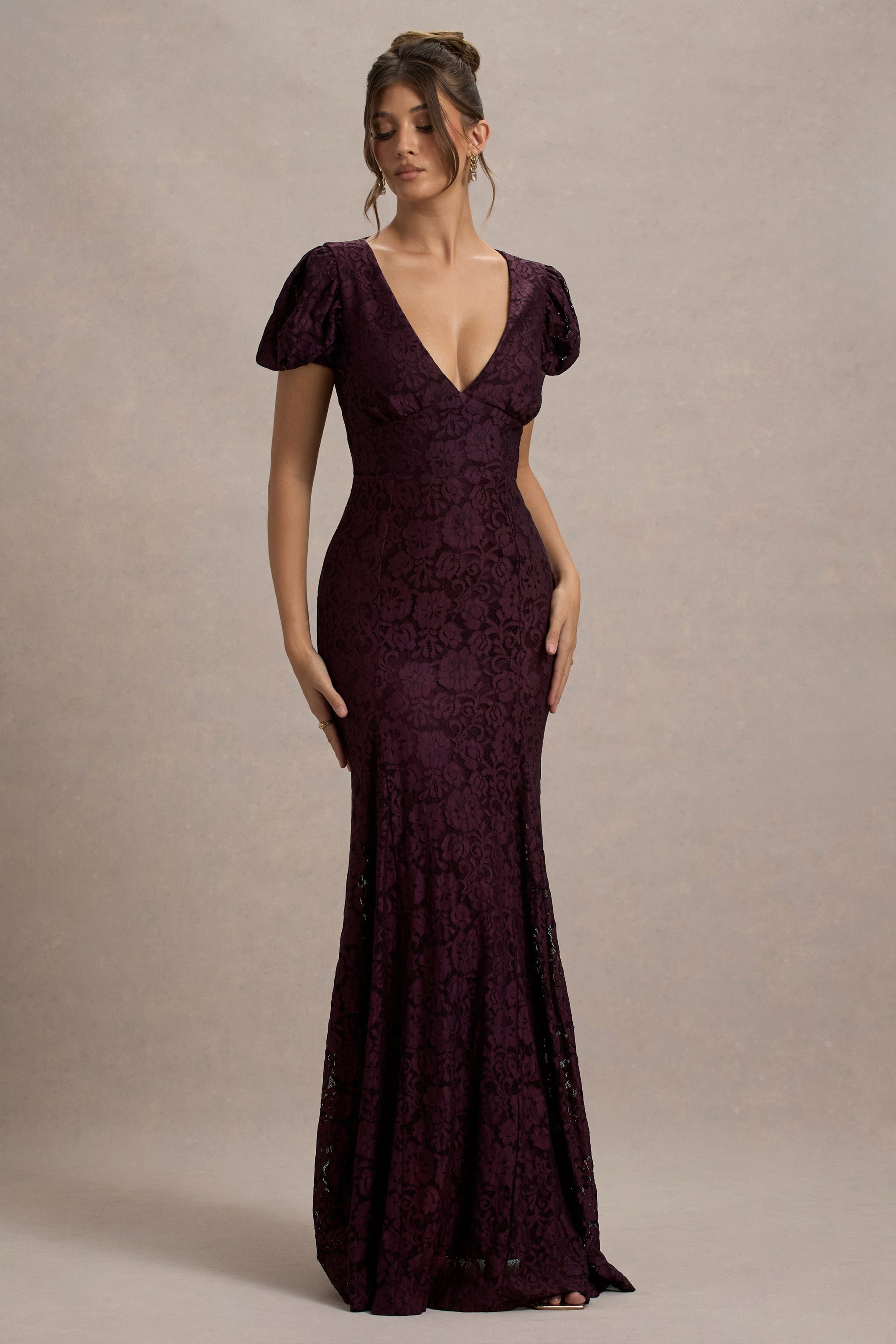 Elestria | Dantel Yaka V-Neck Puff-Sleeve Maxi Elbise