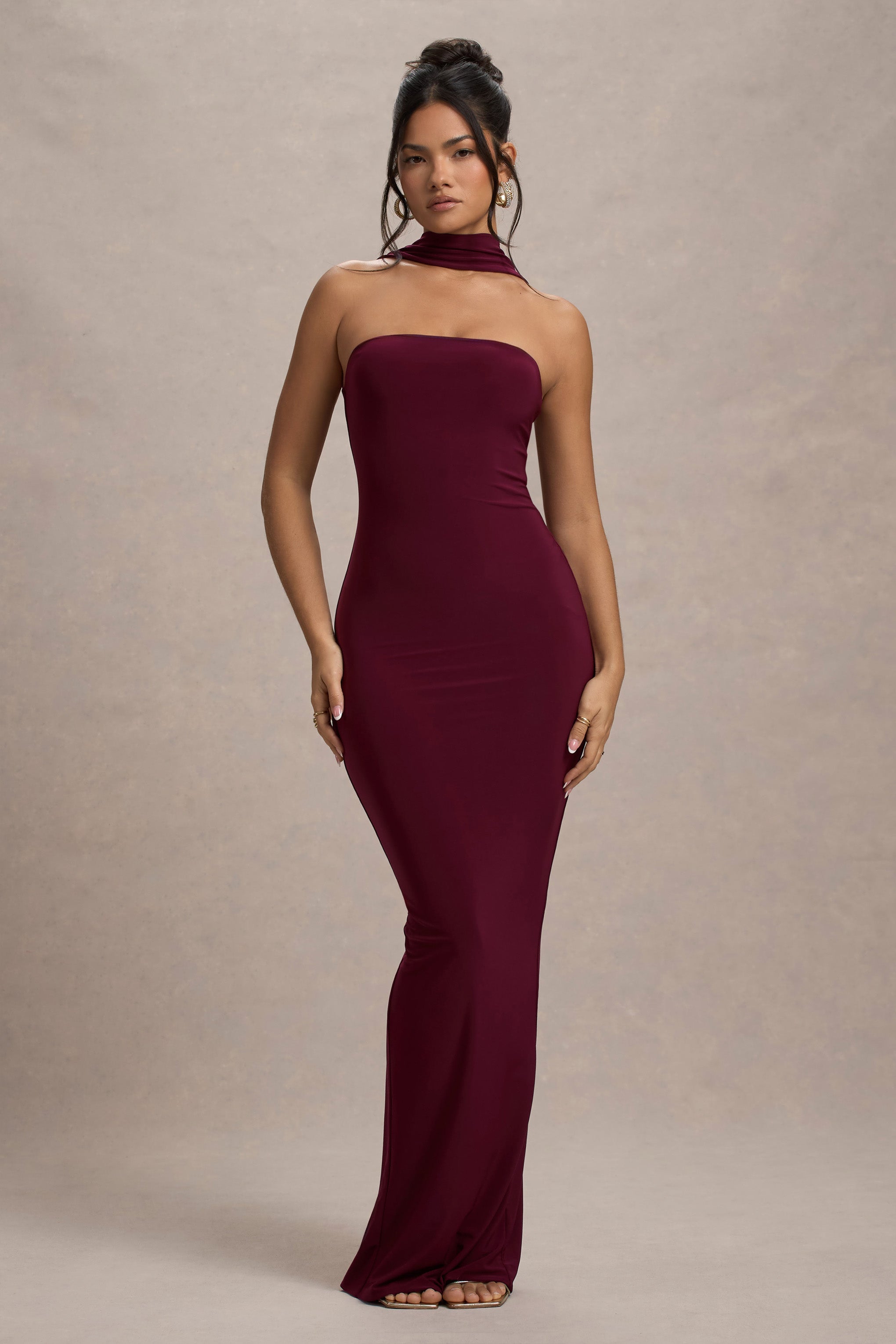 Nobu | Halter Yaka Bordo Bandeau Maxi Elbise
