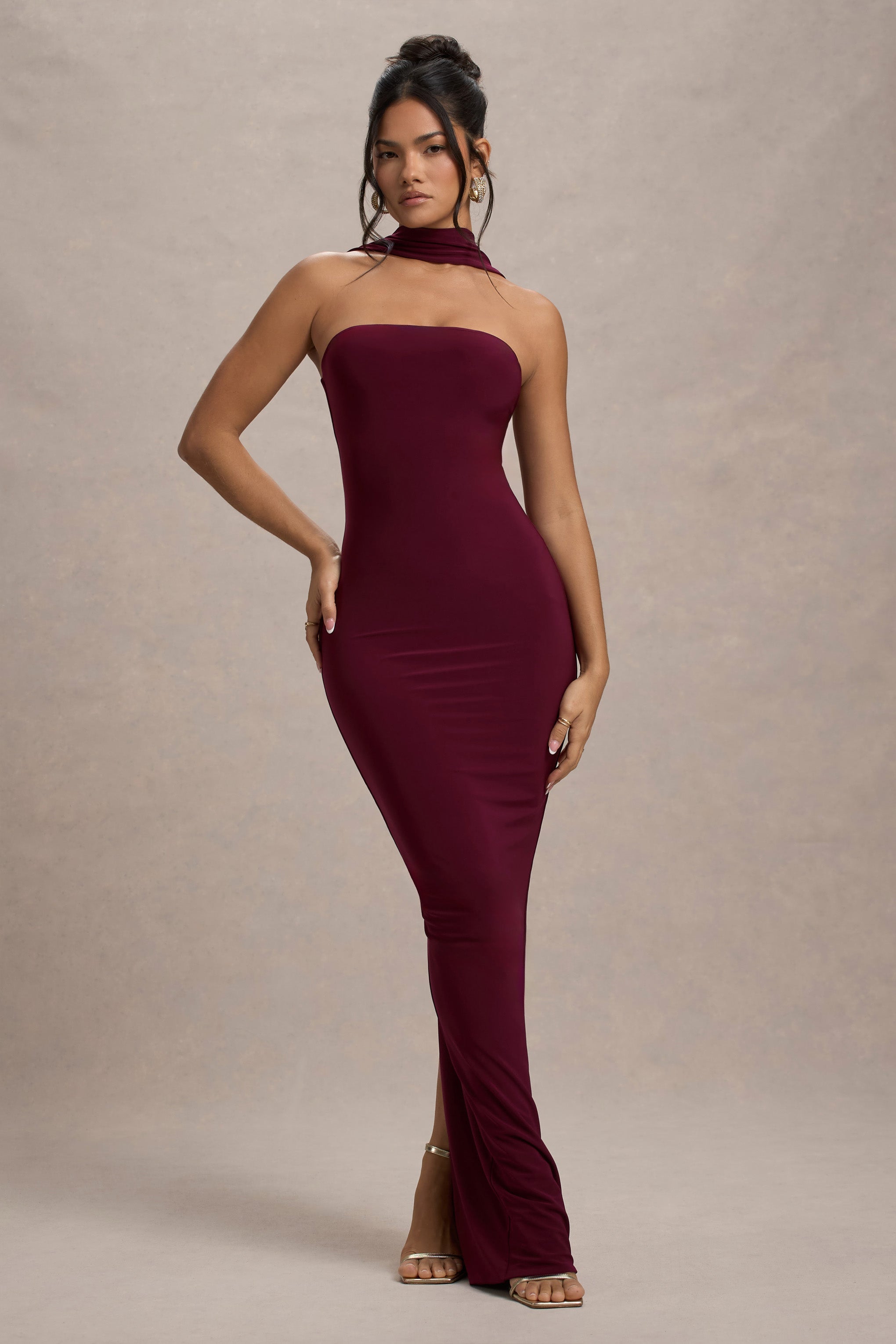 Nobu | Halter Yaka Bordo Bandeau Maxi Elbise