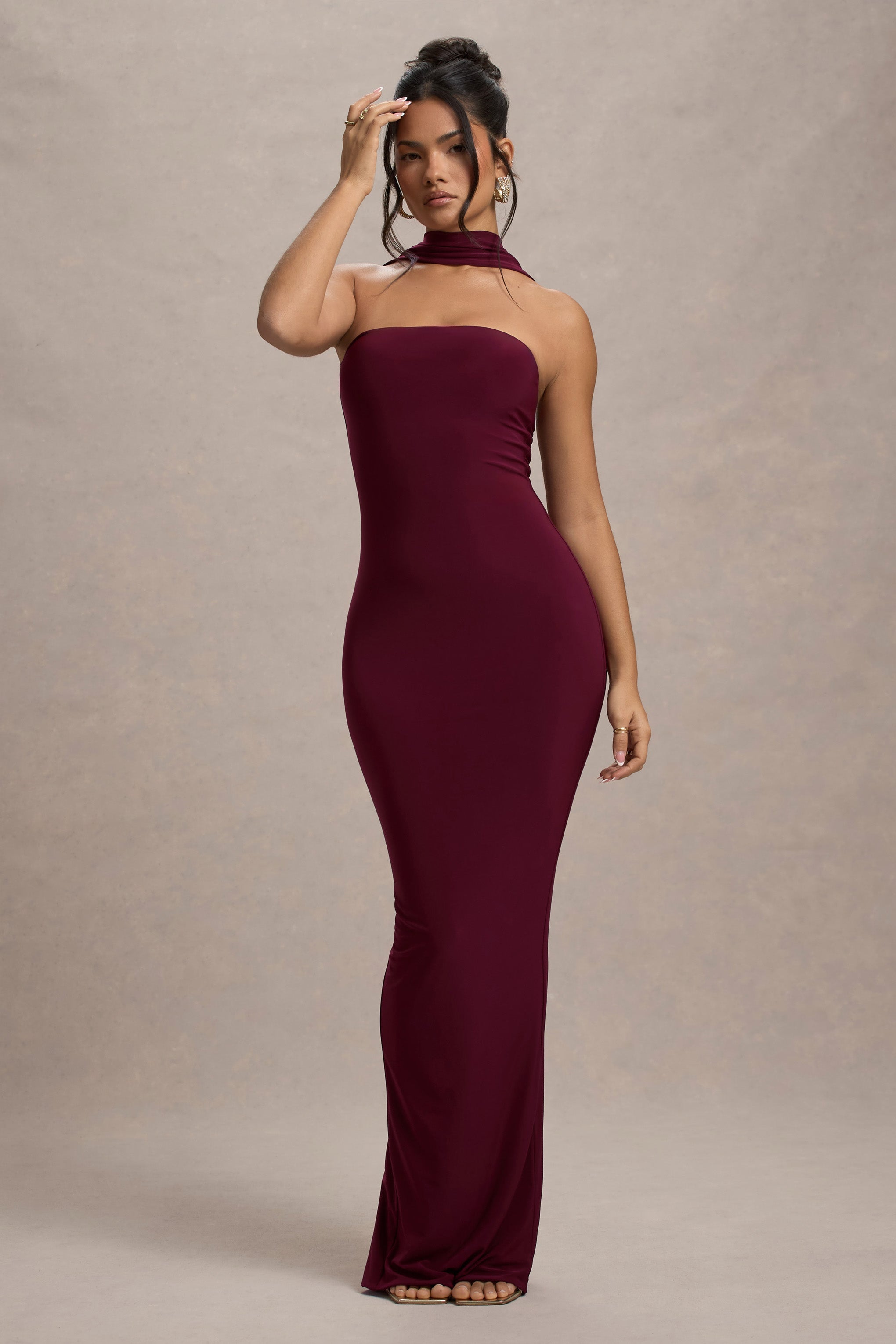 Nobu | Halter Yaka Bordo Bandeau Maxi Elbise