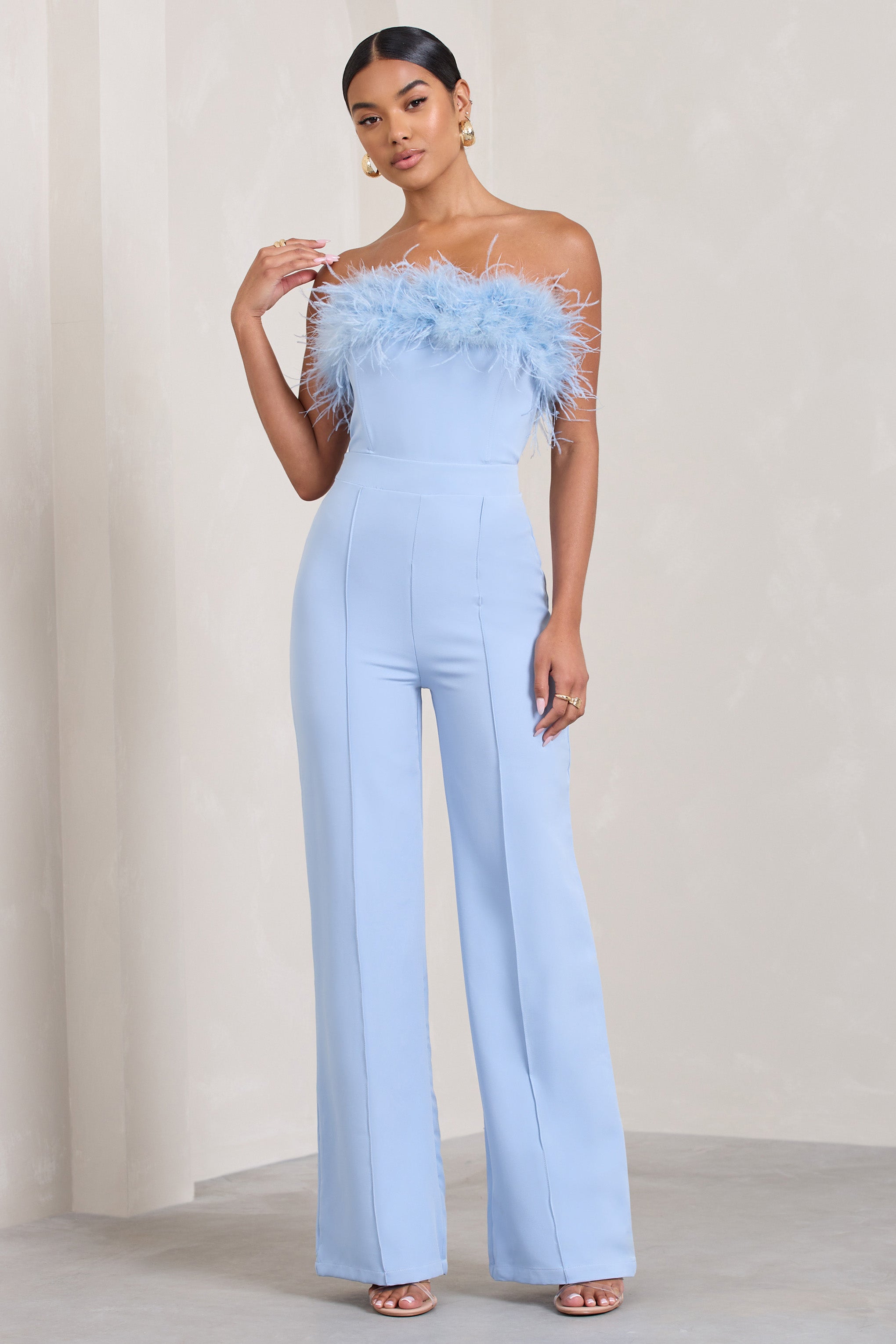 Birinci Sınıf | Mavi Bandeau Tüy Geniş Paça Tulum