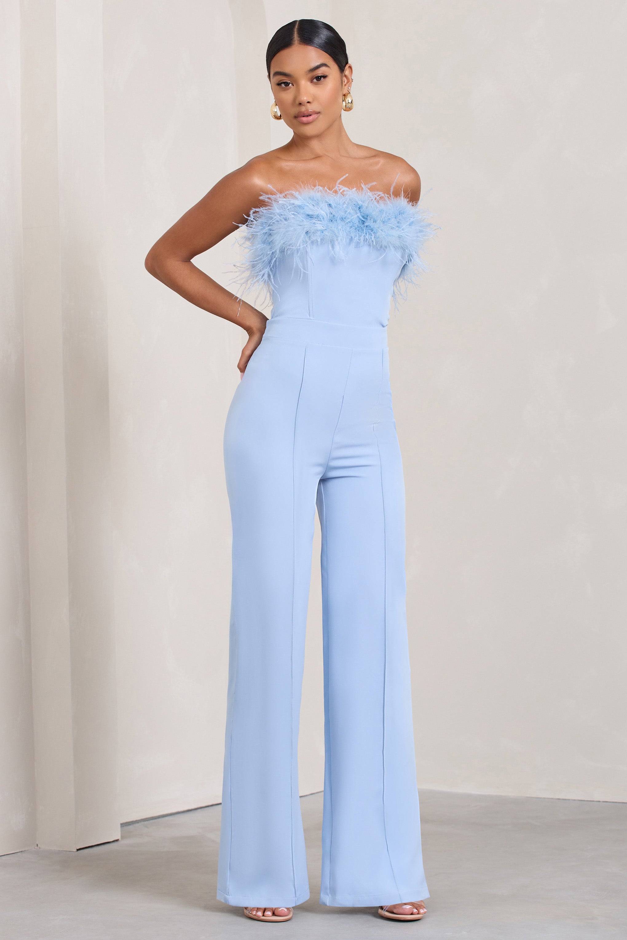 Birinci Sınıf | Mavi Bandeau Tüy Geniş Paça Tulum