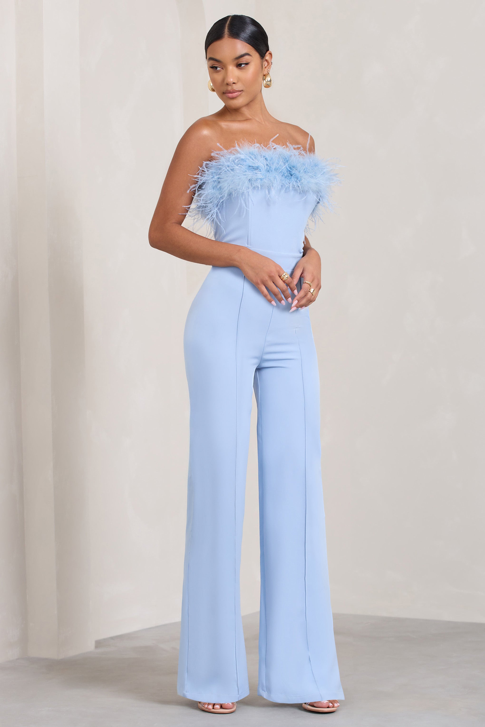 Birinci Sınıf | Mavi Bandeau Tüy Geniş Paça Tulum