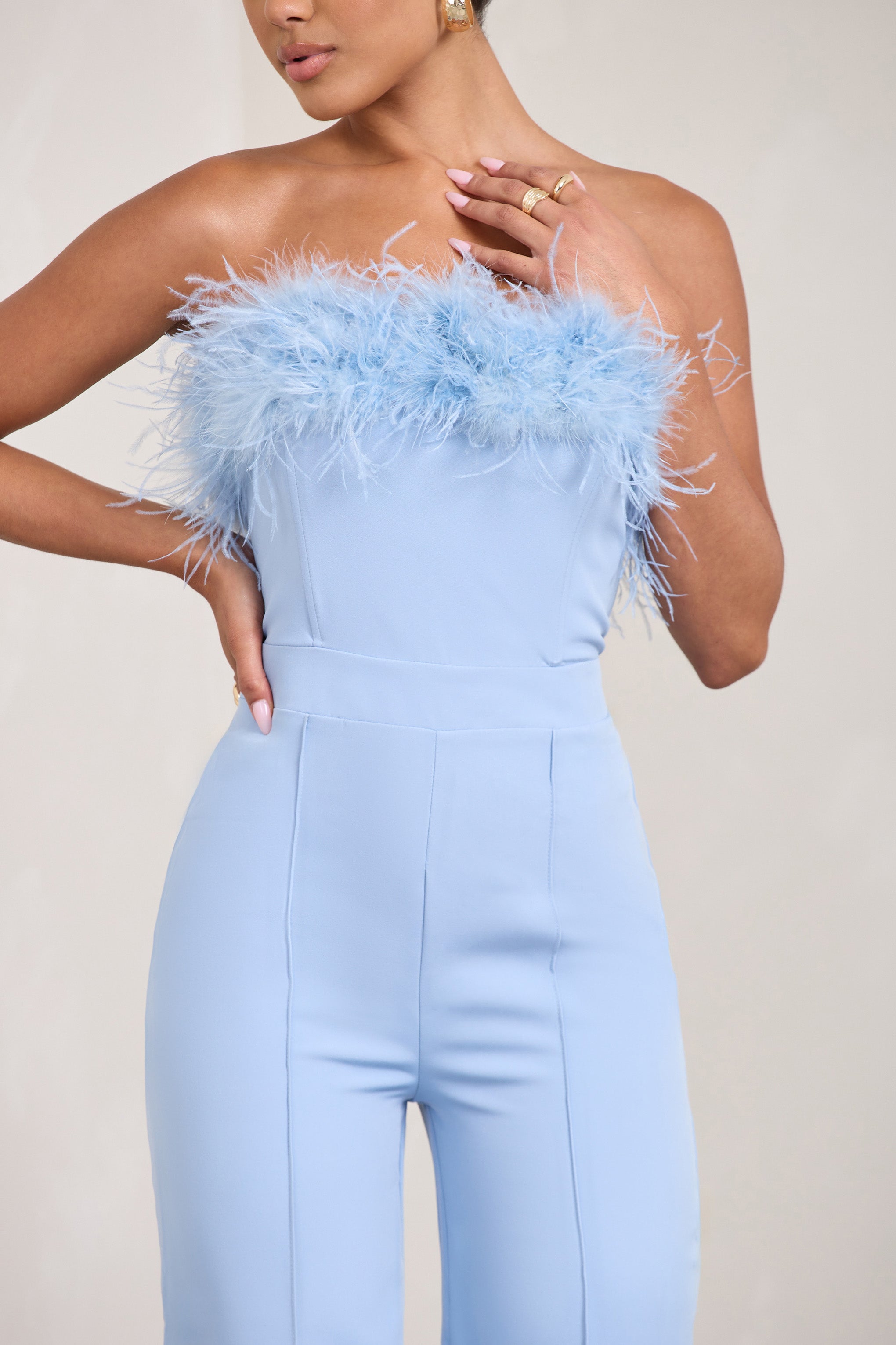 Birinci Sınıf | Mavi Bandeau Tüy Geniş Paça Tulum