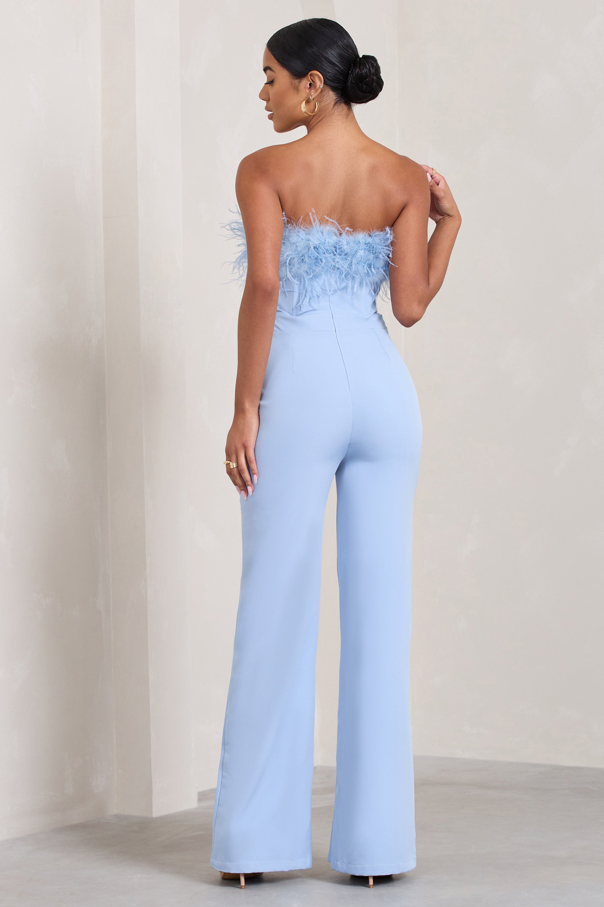 Birinci Sınıf | Mavi Bandeau Tüy Geniş Paça Tulum