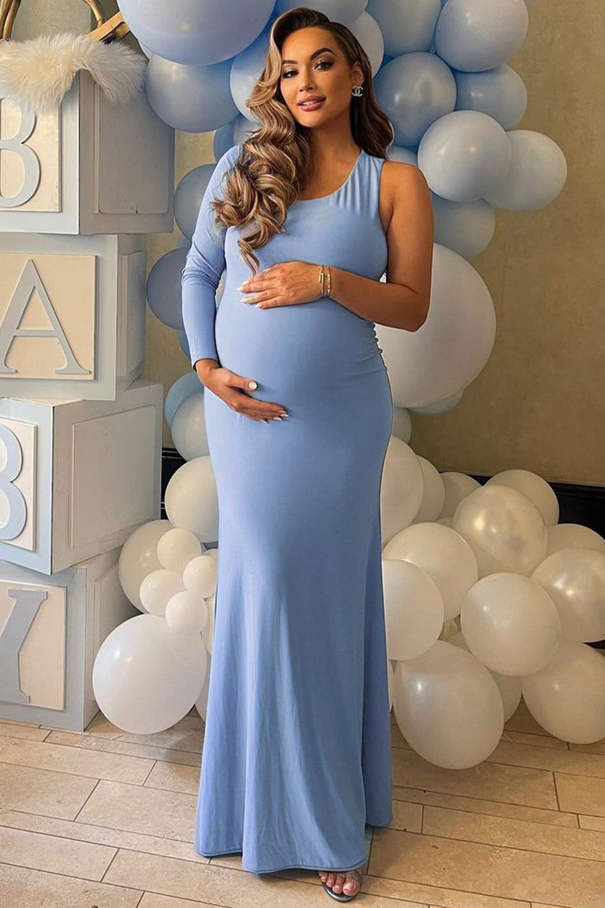 Oh Baby | Toz Mavi Hamile Tek Omuz Bodycon Maxi Elbise