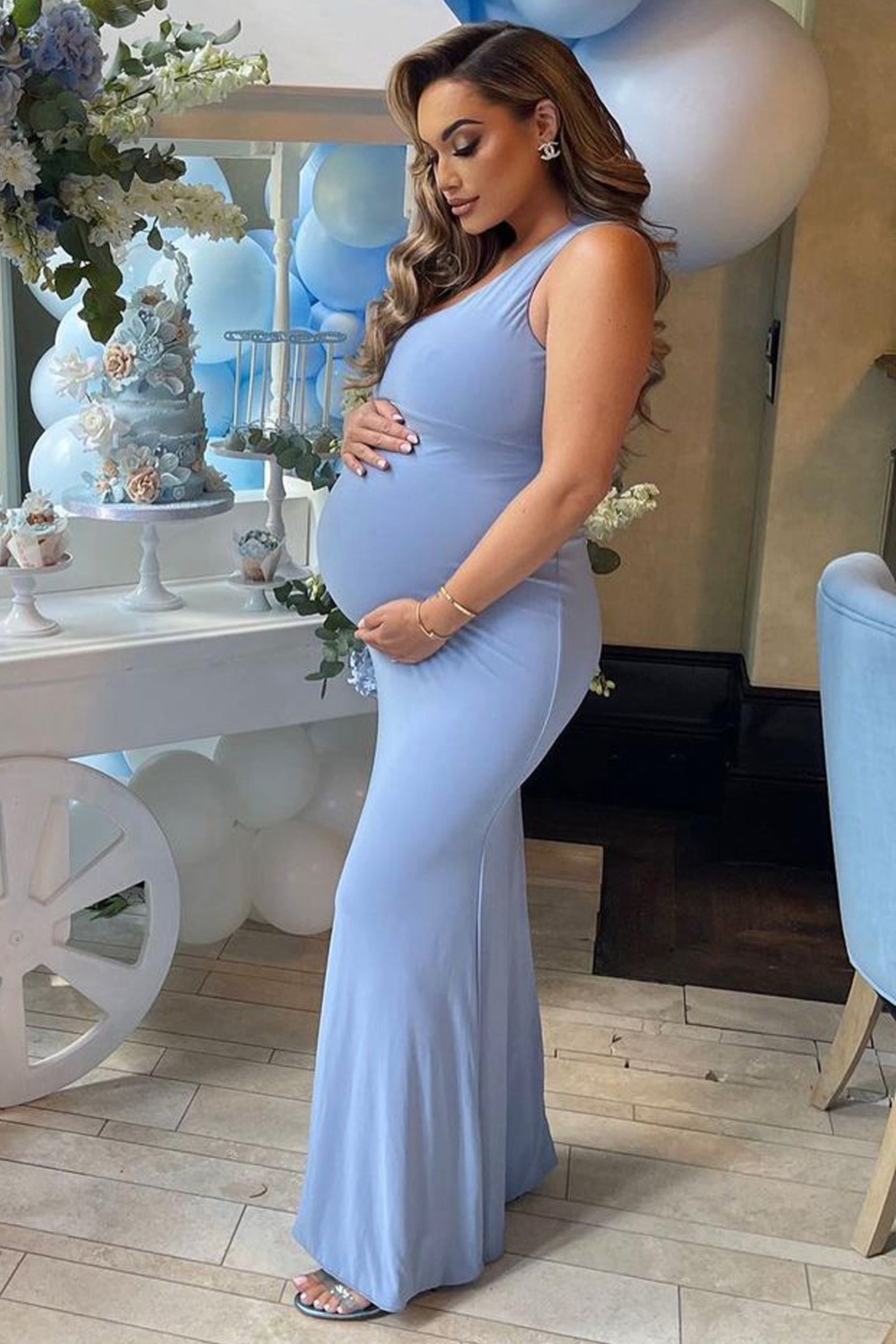 Oh Baby | Toz Mavi Hamile Tek Omuz Bodycon Maxi Elbise