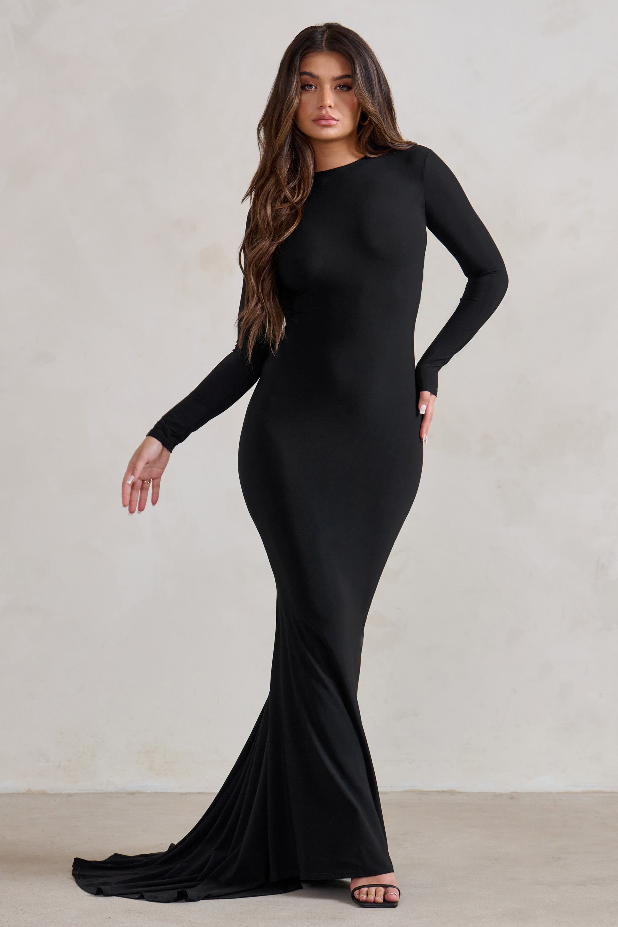 Bir Adım Önde | Siyah Uzun Kollu Sırt Dekolteli Fishtail Maxi Elbise