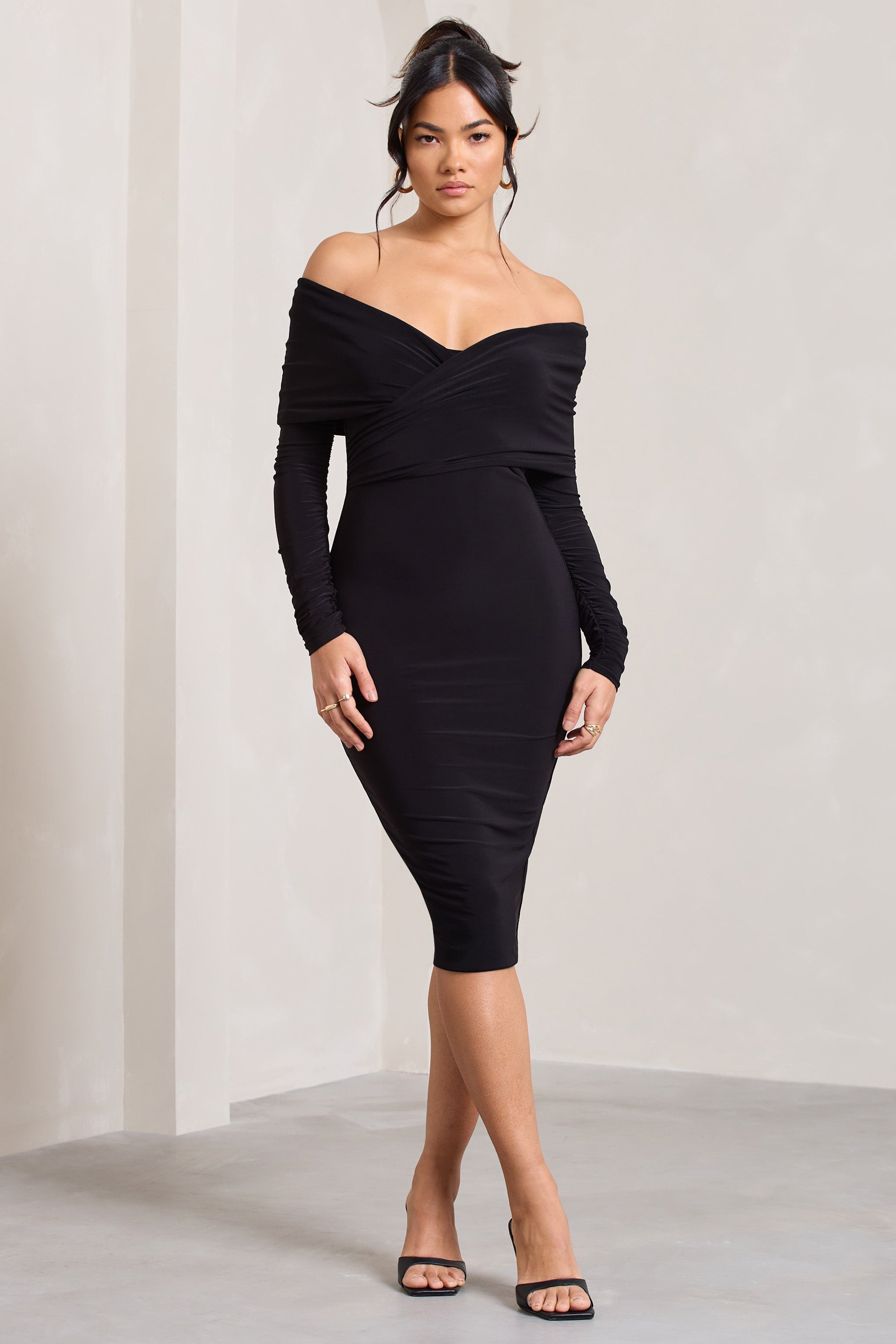 Flatter Me | Siyah Dönüşlü Ön Bardot Midi Elbise