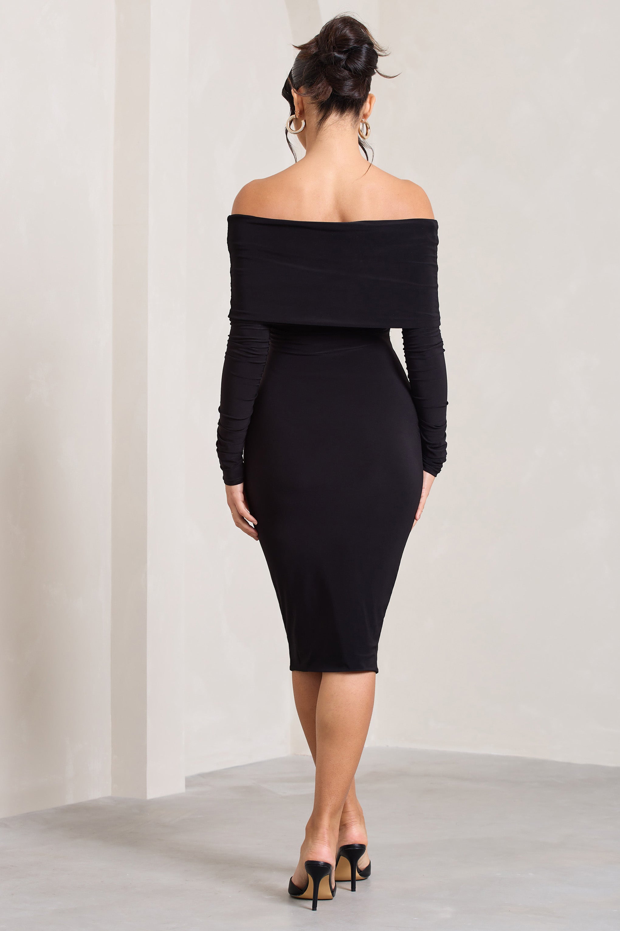 Flatter Me | Siyah Dönüşlü Ön Bardot Midi Elbise