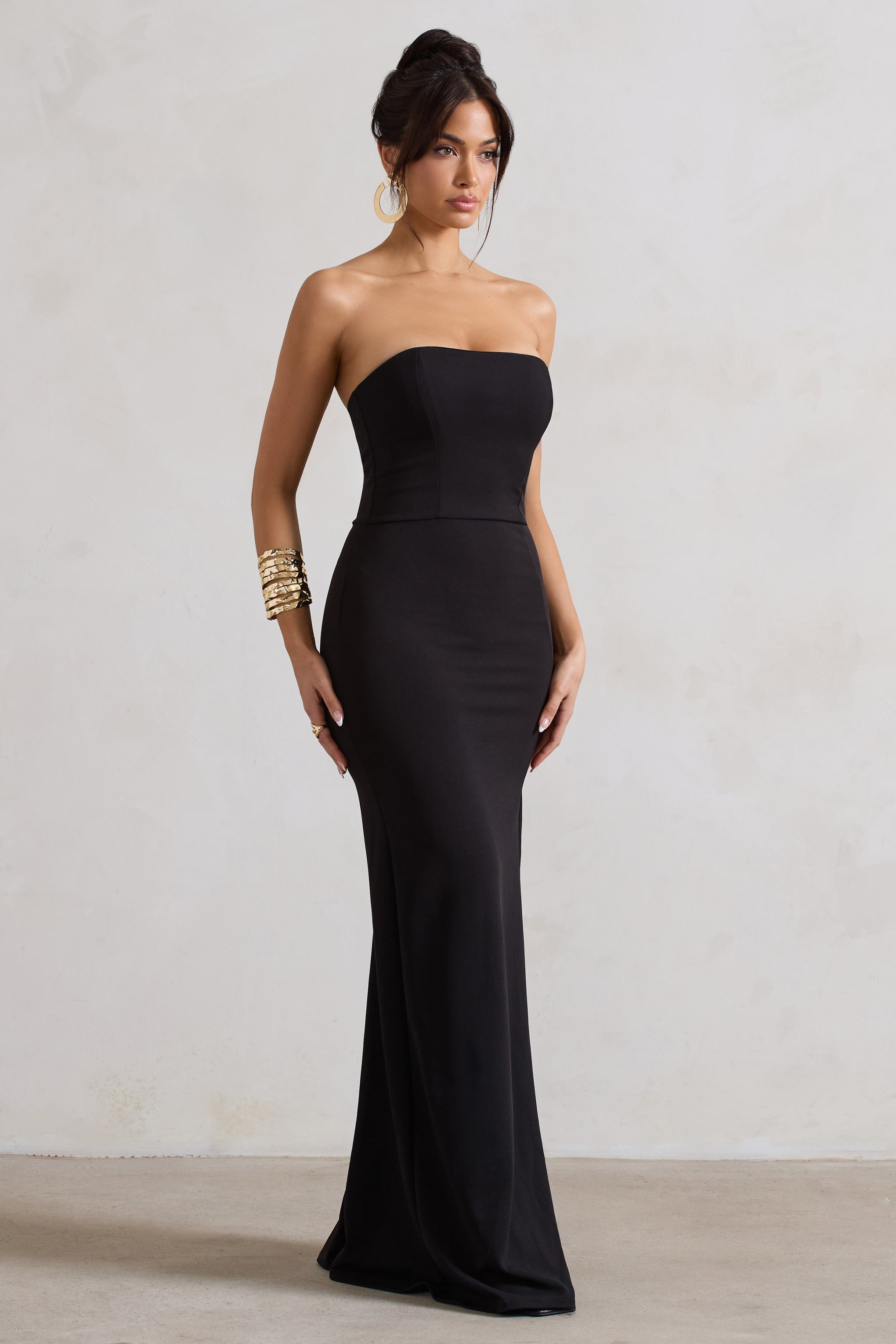 Balın Gözdesi | Yırtmaçlı Siyah Bandeau Maxi Elbise