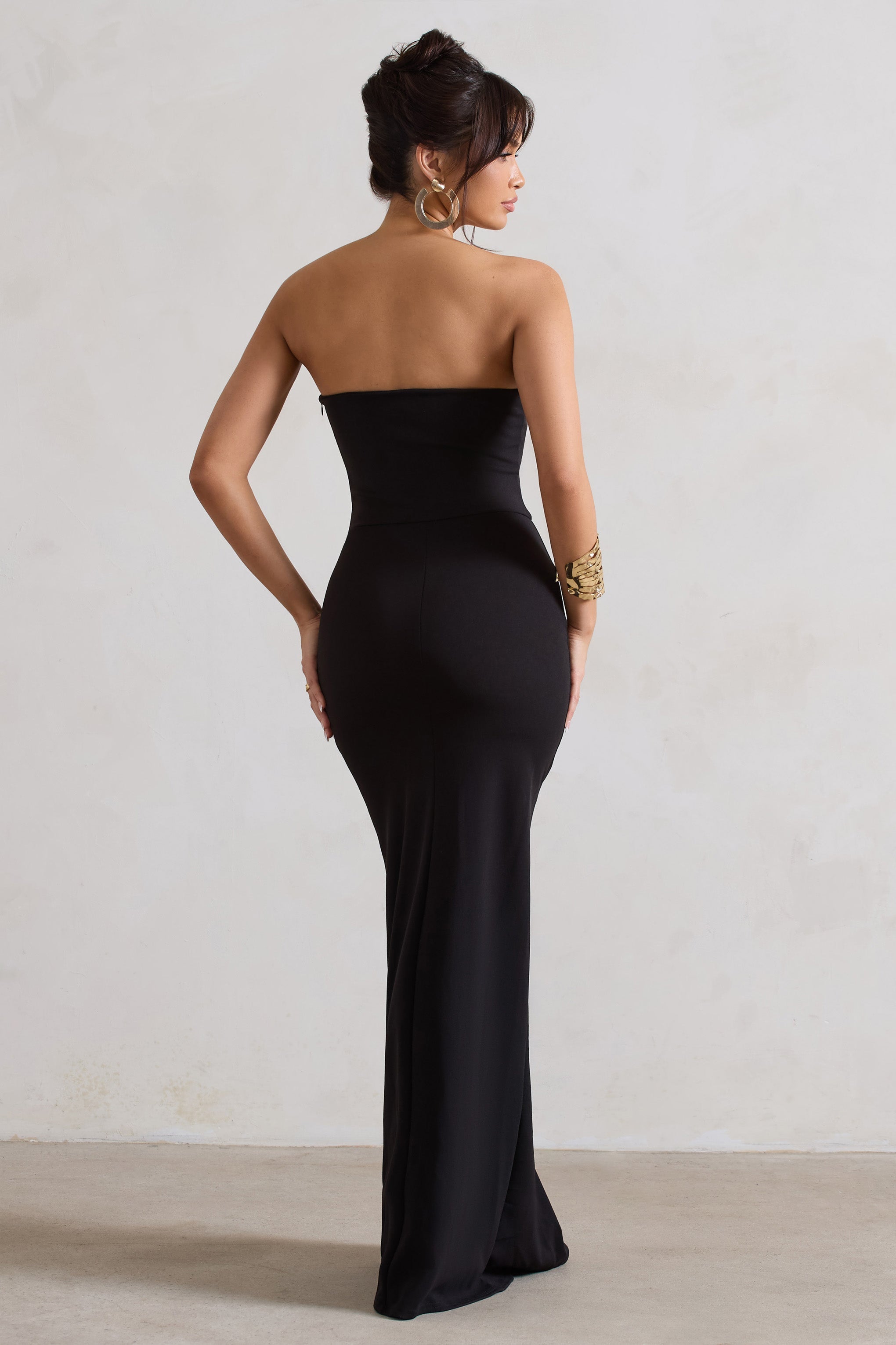 Balın Gözdesi | Yırtmaçlı Siyah Bandeau Maxi Elbise