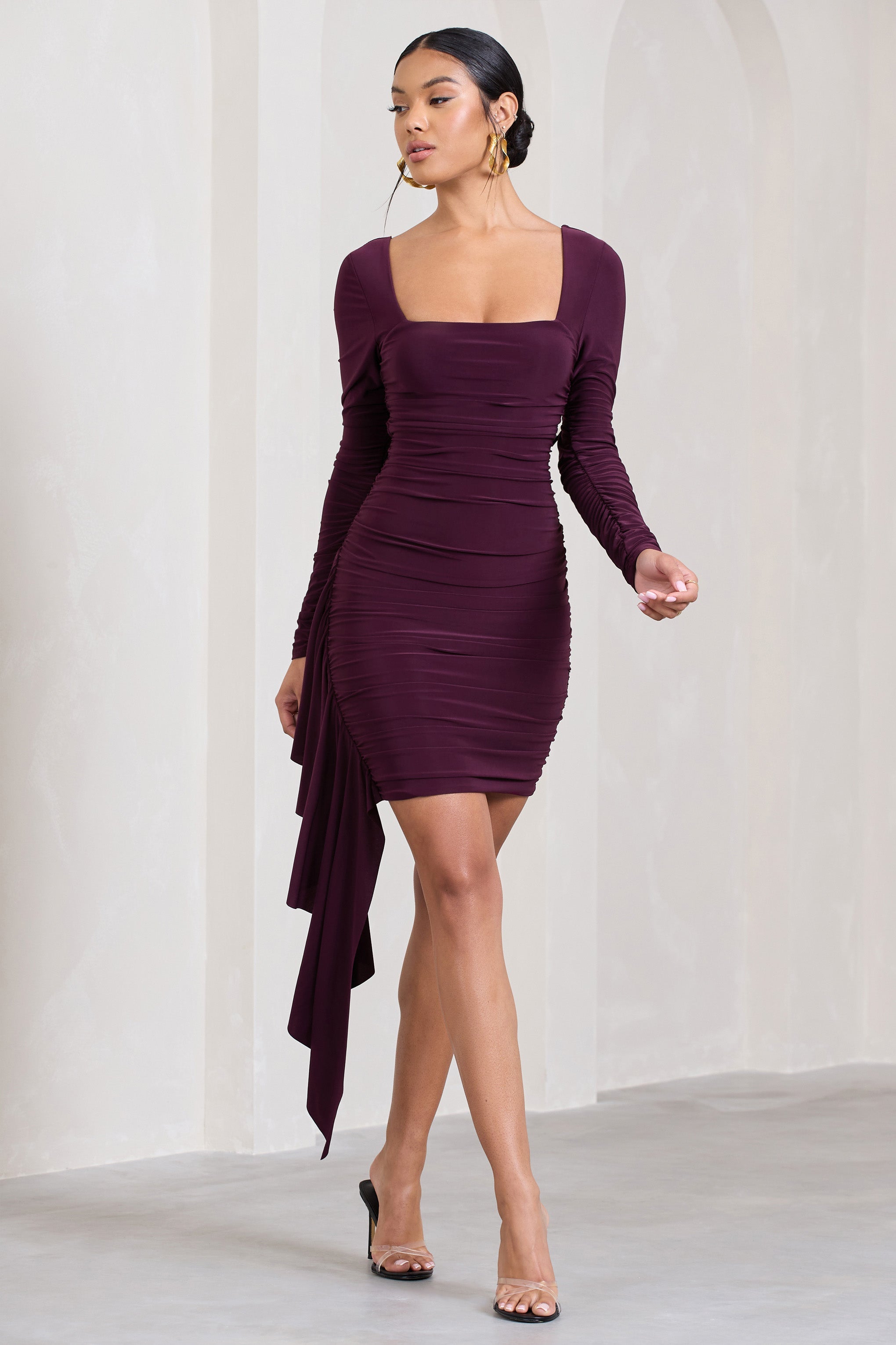 Kırmızı Kesim | Erik Renkli Uzun Kollu Volanlı Bodycon Mini Elbise