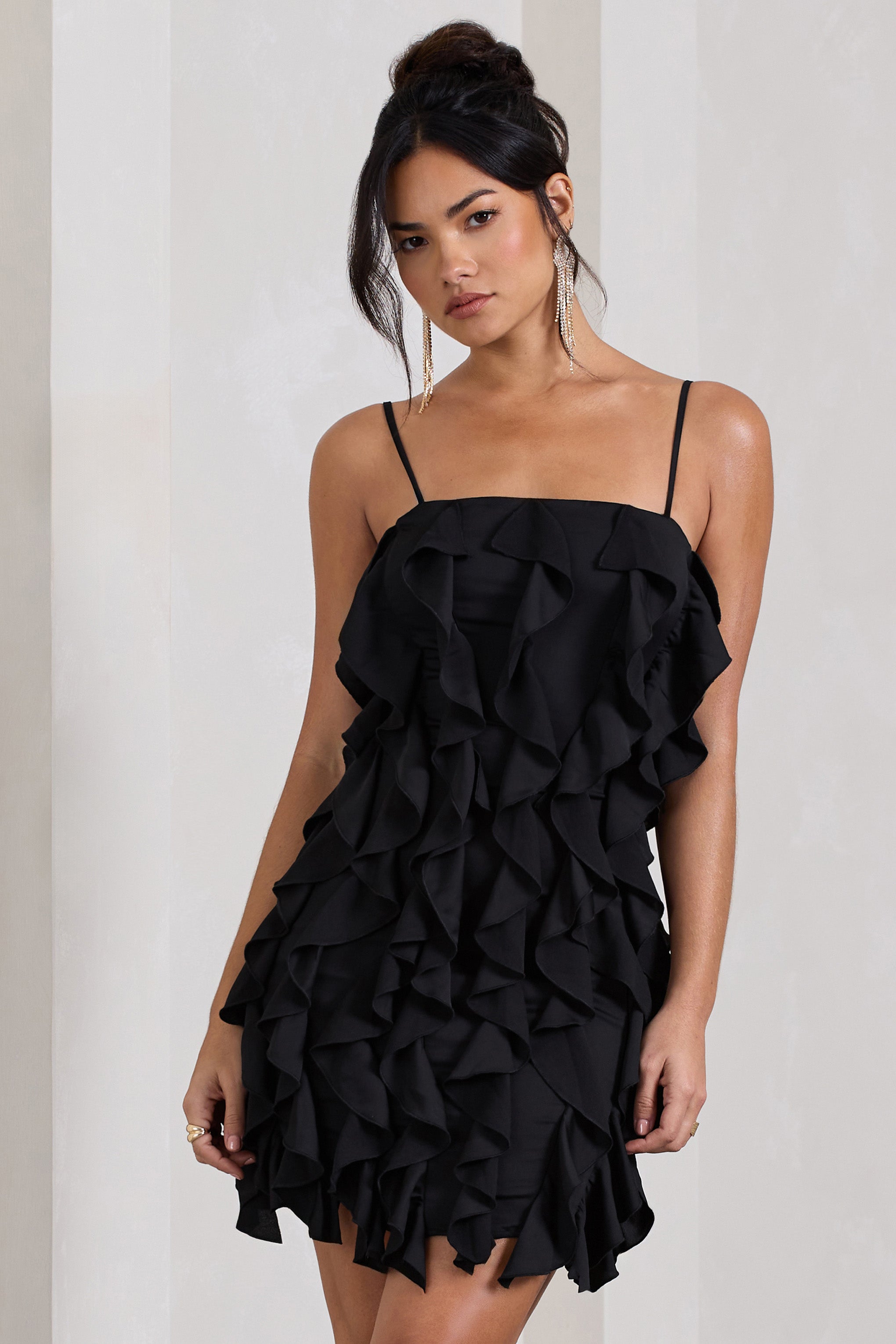 It Kızı | Volanlı Siyah Bandeau Bodycon Mini Elbise