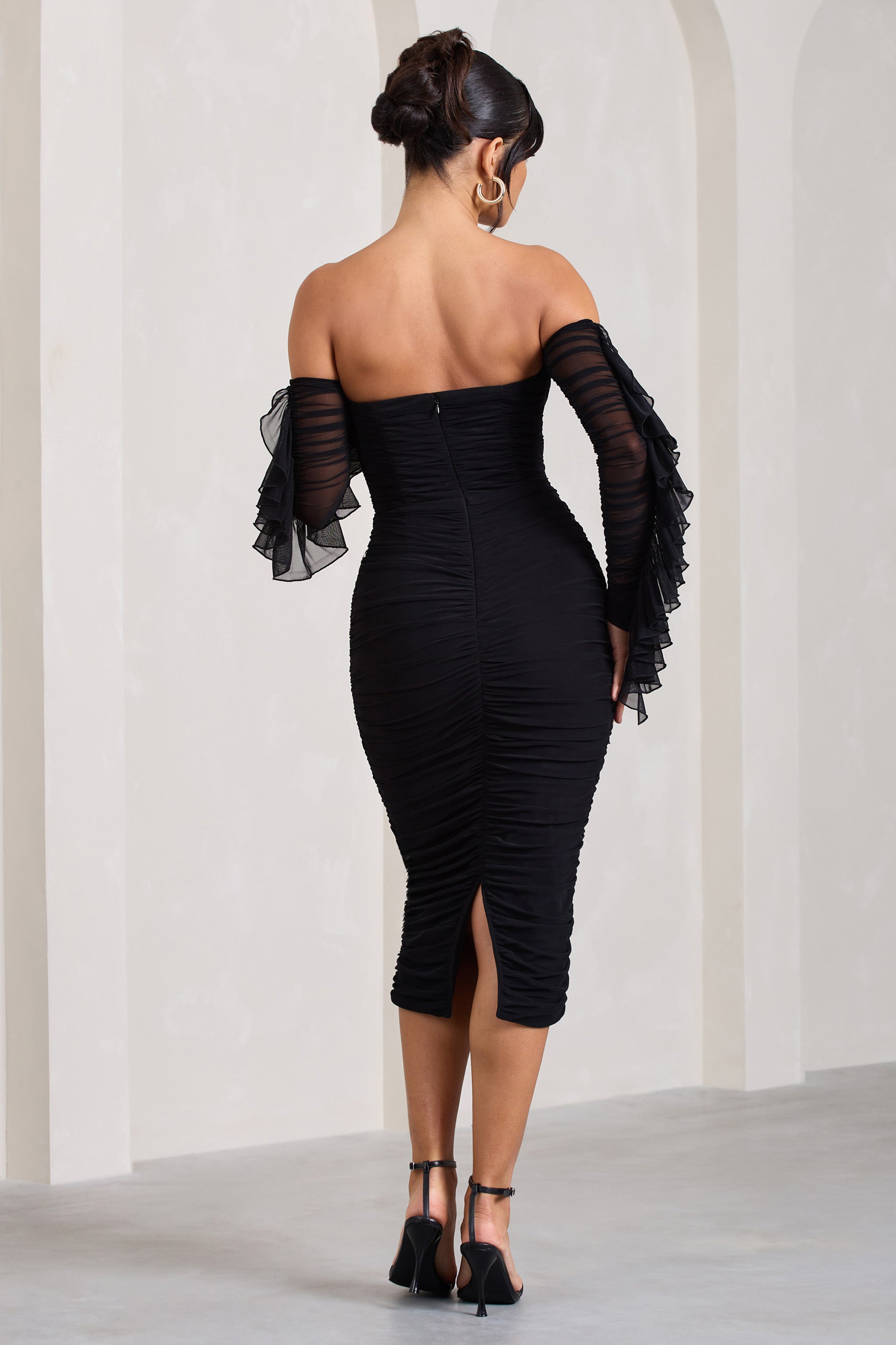 Favor | Siyah Kırışık File Bardot Midi Elbise