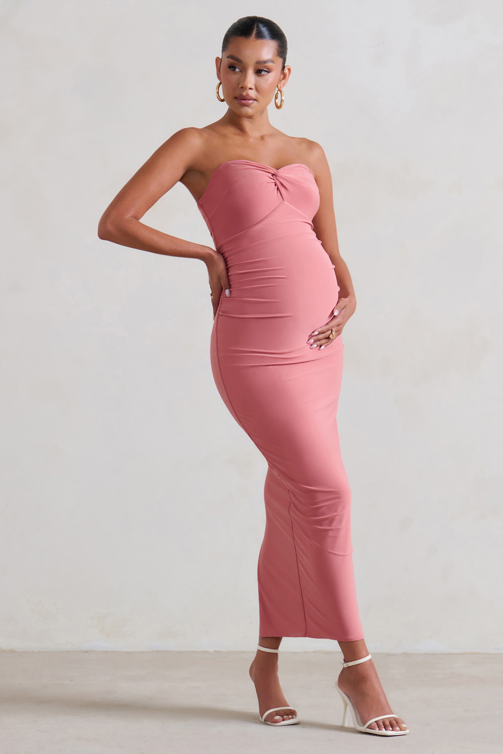 Evita | Pembe Hamile Sweetheart Düğüm Detaylı Midi Elbise