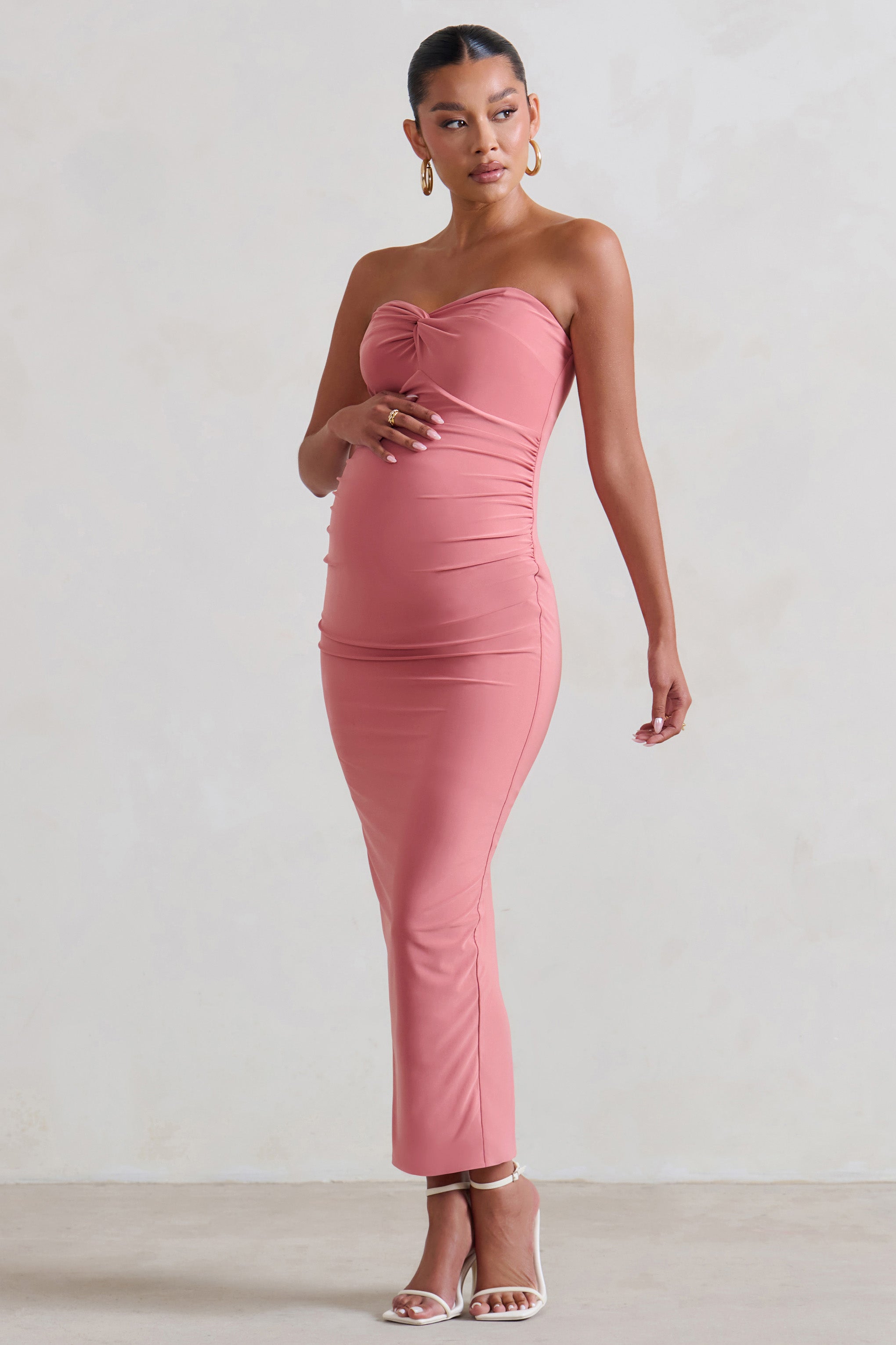 Evita | Pembe Hamile Sweetheart Düğüm Detaylı Midi Elbise