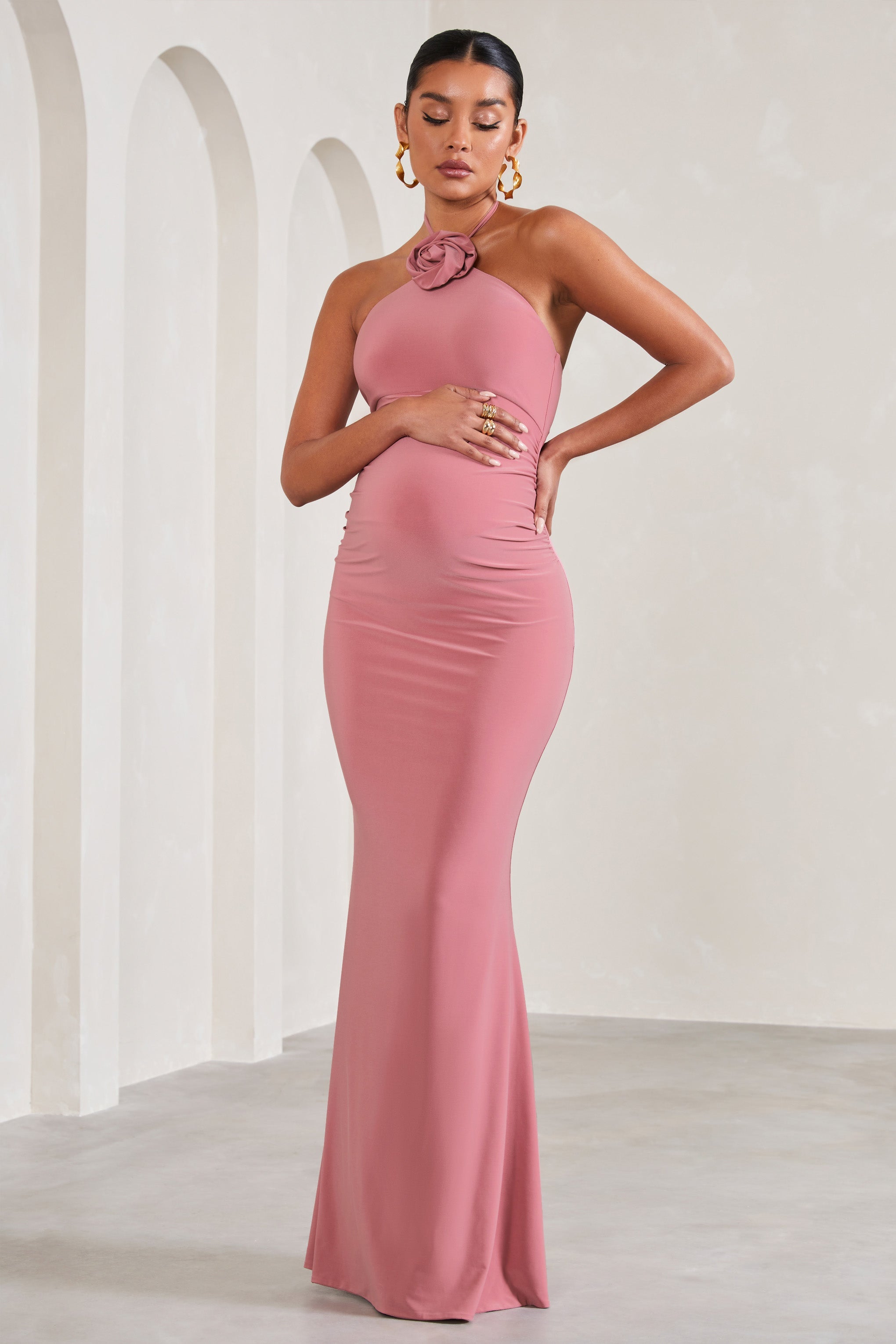 Loving | Çiçek Korsajlı Şal Yaka Hamile Maxi Elbise - Pembe