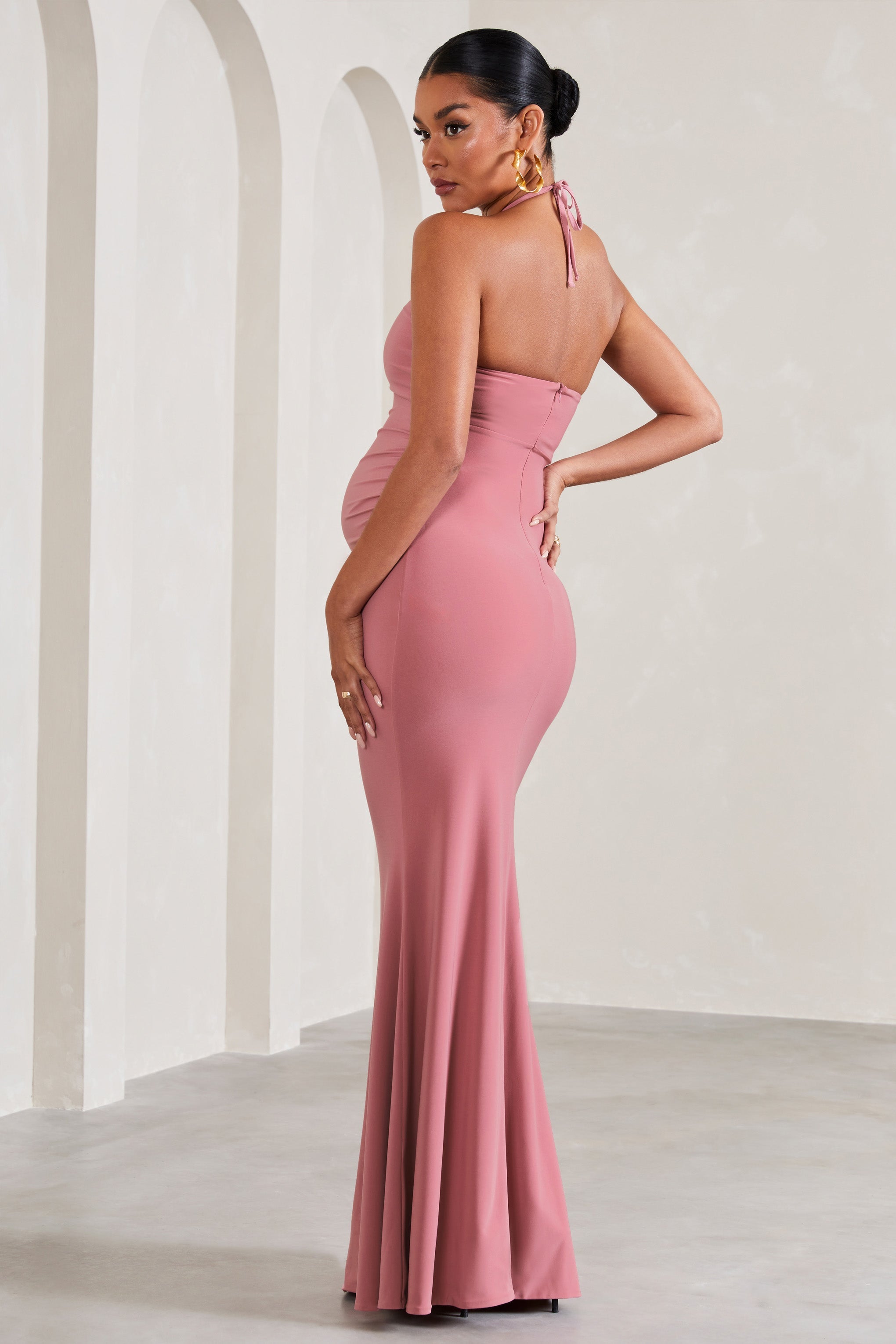 Loving | Çiçek Korsajlı Şal Yaka Hamile Maxi Elbise - Pembe