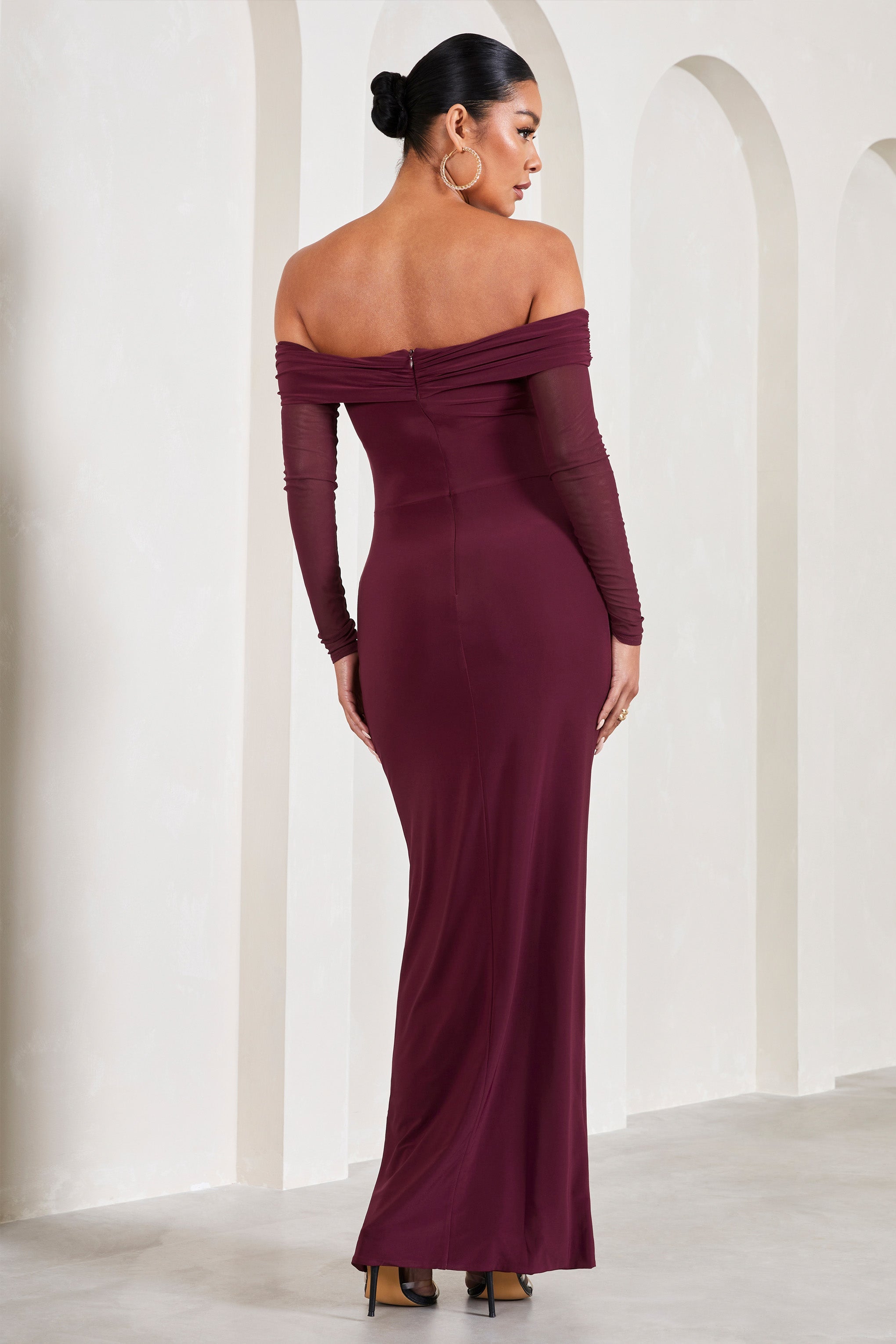 Elsie | Bordo Bardot Uzun Kollu Hamile Maxi Elbise