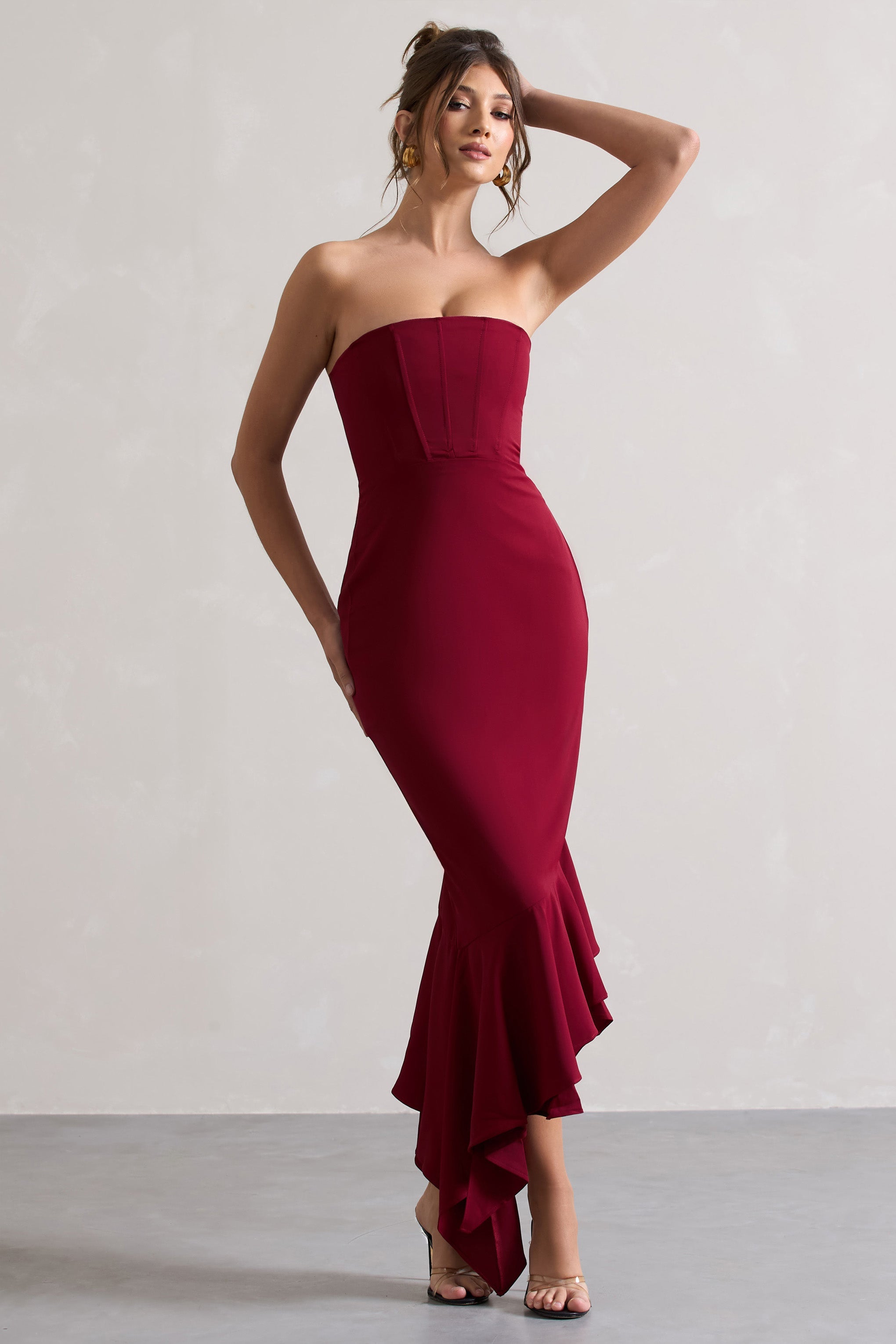 Sandy | Berry Straplez Korse Asimetrik Maxi Elbise